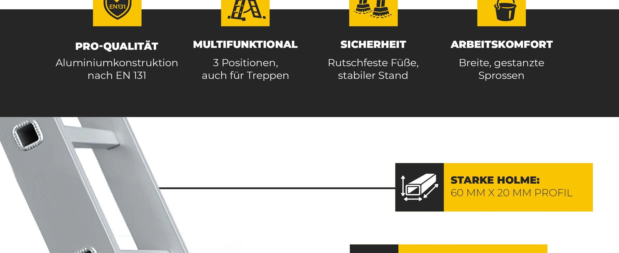 DRABEST | Leiter - PRO Serie - Aluleiter Mehrzweckleiter - 3-teilig - Industrieleiter 3 x 8 Stufen - bis zu 150 kg