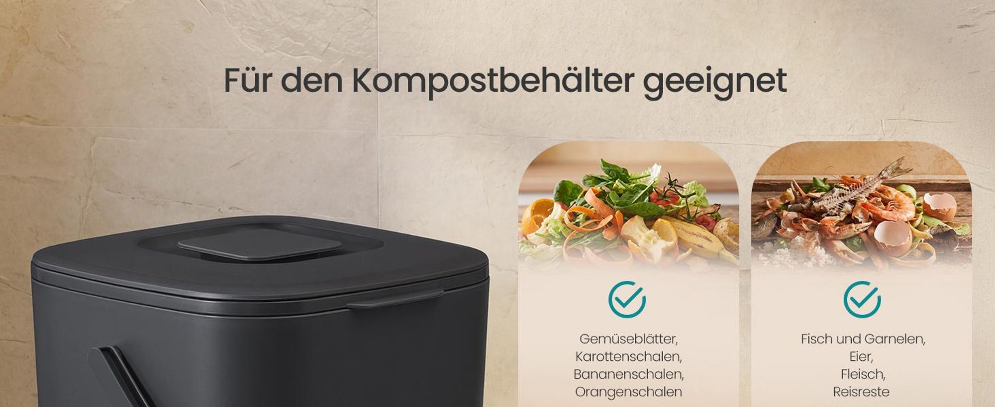 SONGMICS Geruchsdichter Komposteimer mit Abtropfkorb, 4 L Bioeimer für die Küche, 21 x 20 x 19,5 cm, Schwarz