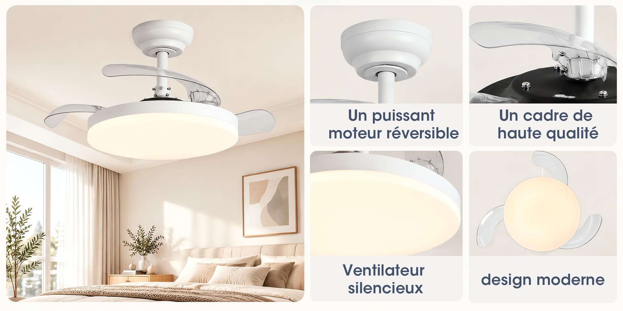 Ventilateur de plafond Parrot Uncle avec éclairage et télécommande, pales rétractables de 91 cm, blanc, LED à intensité variable, 3 couleurs de lumière, 6 vitesses