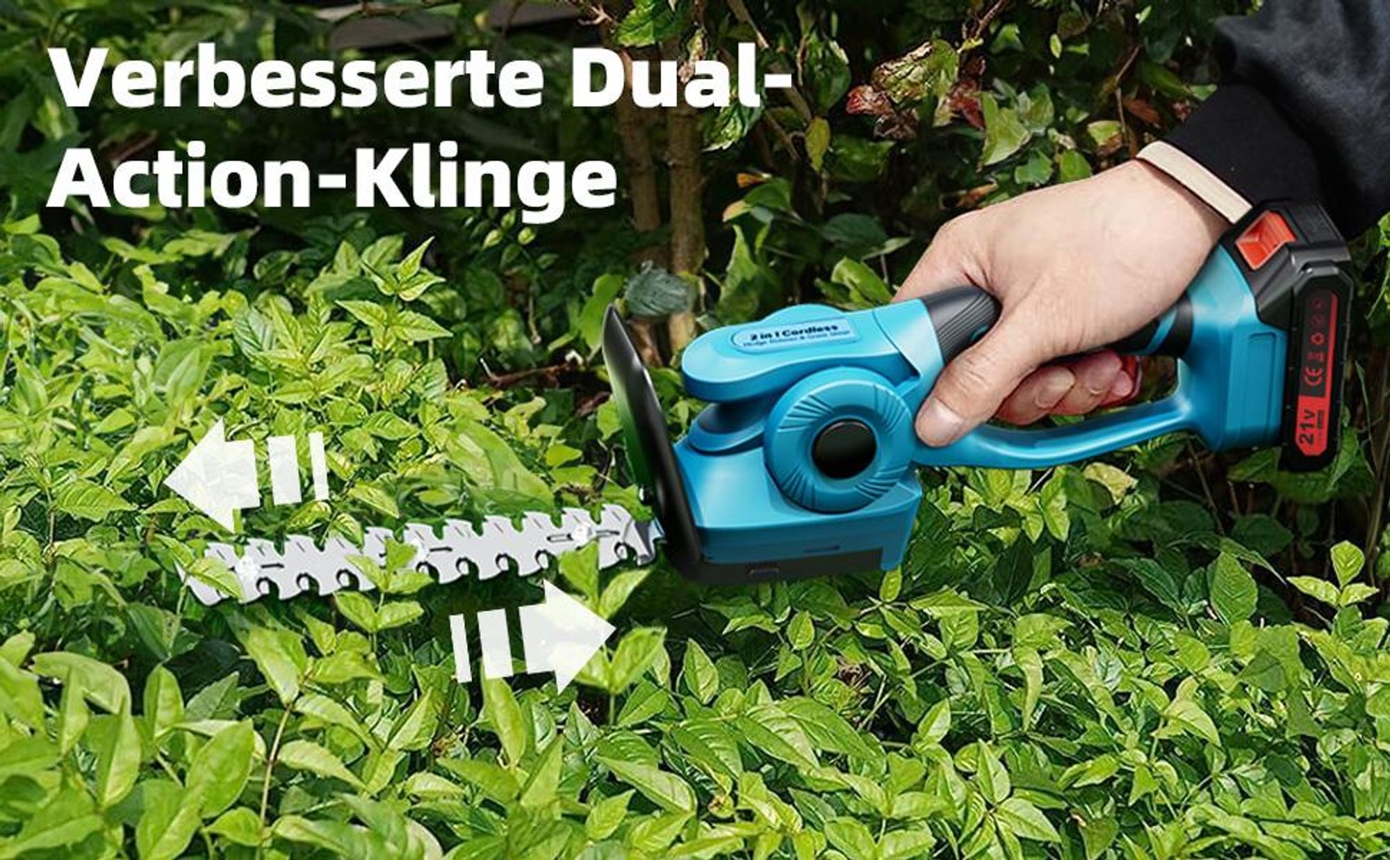 Akku Heckenschere mit drehbarem Griff, 220mm & 130mm Klingen, inkl. 2000mAh Akkus & Ladegerät, Grasschere für präzise Formschnitte im Garten