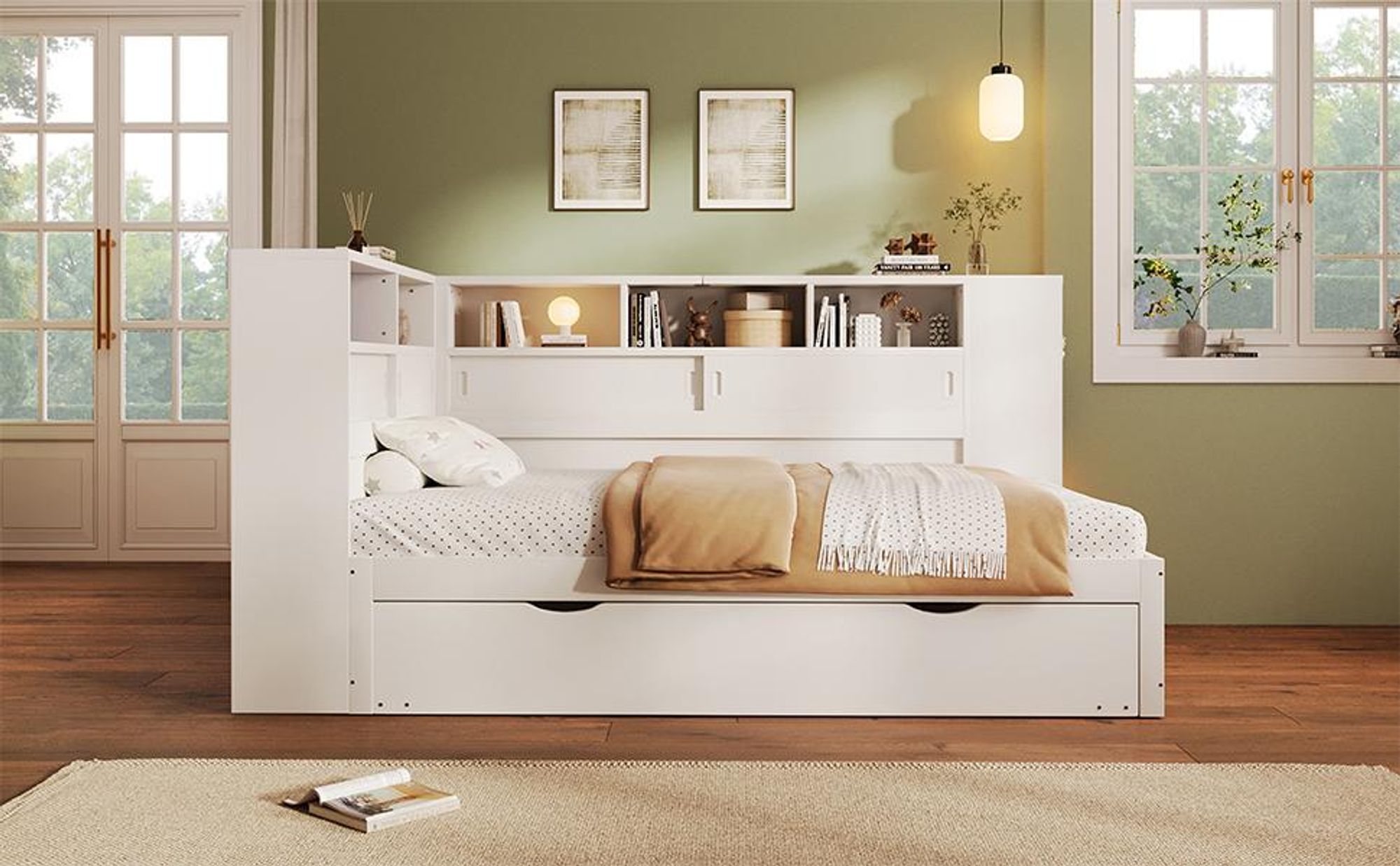 Merax Tagesbett Daybett 90x200cm, Kinderbett mit Ausziehbett 90x190cm, Verstecktes Staufach, Regale, USB, Schlafsofa, Jugendbett, Weiß