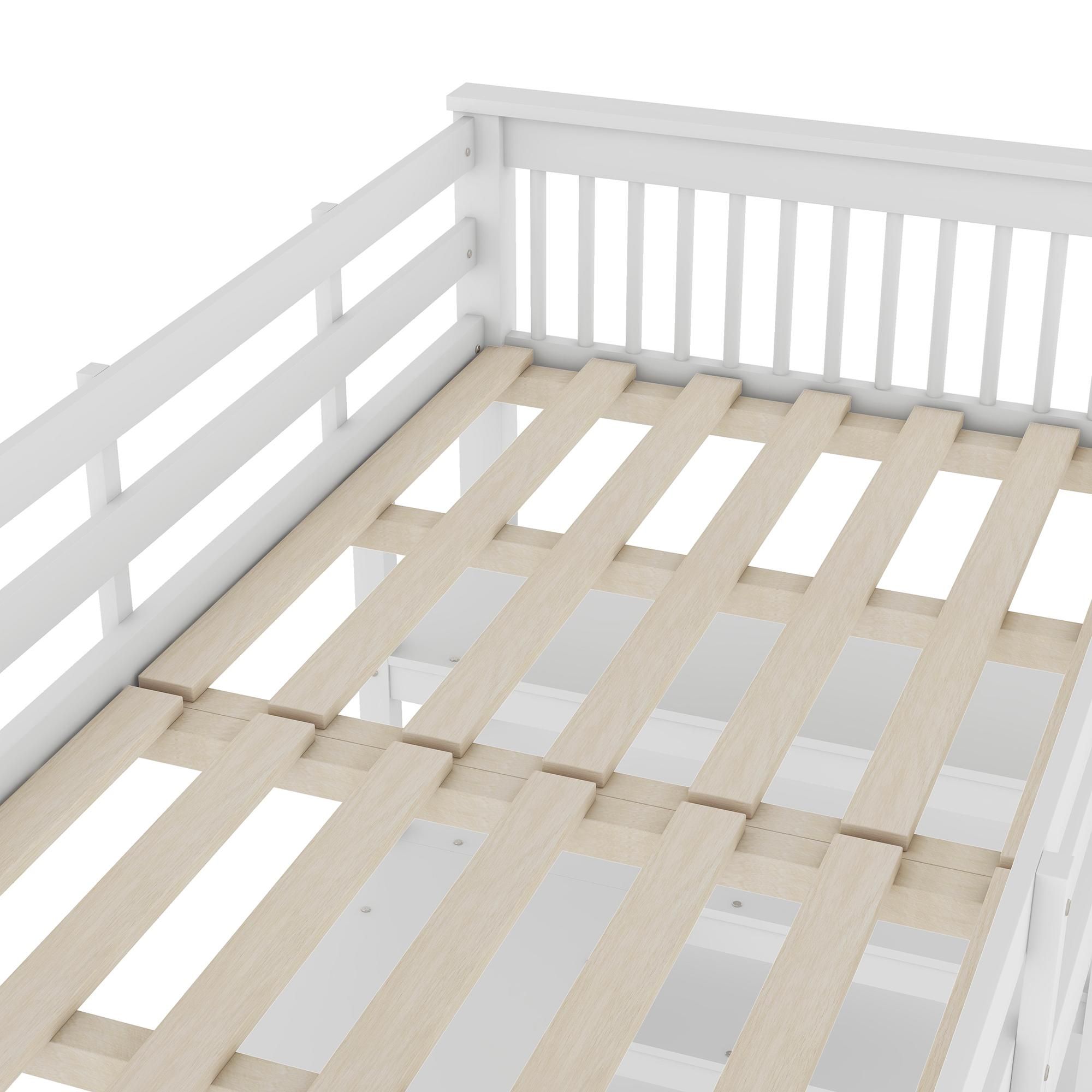Merax Etagenbett Hochbett 90x200 cm, Kinderbett mit Ablagefächern & Schreibtisch, Stockbett mit Zäune, Jugendbett, Weiß