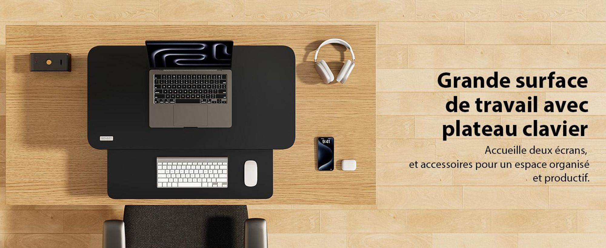 SENSE7 Desktop - Convertisseur noir, rehausse de bureau ergonomique, réglable en hauteur, poste de travail assis-debout, 81 x 40 cm, pupitre de bureau, support d'écran, PC
