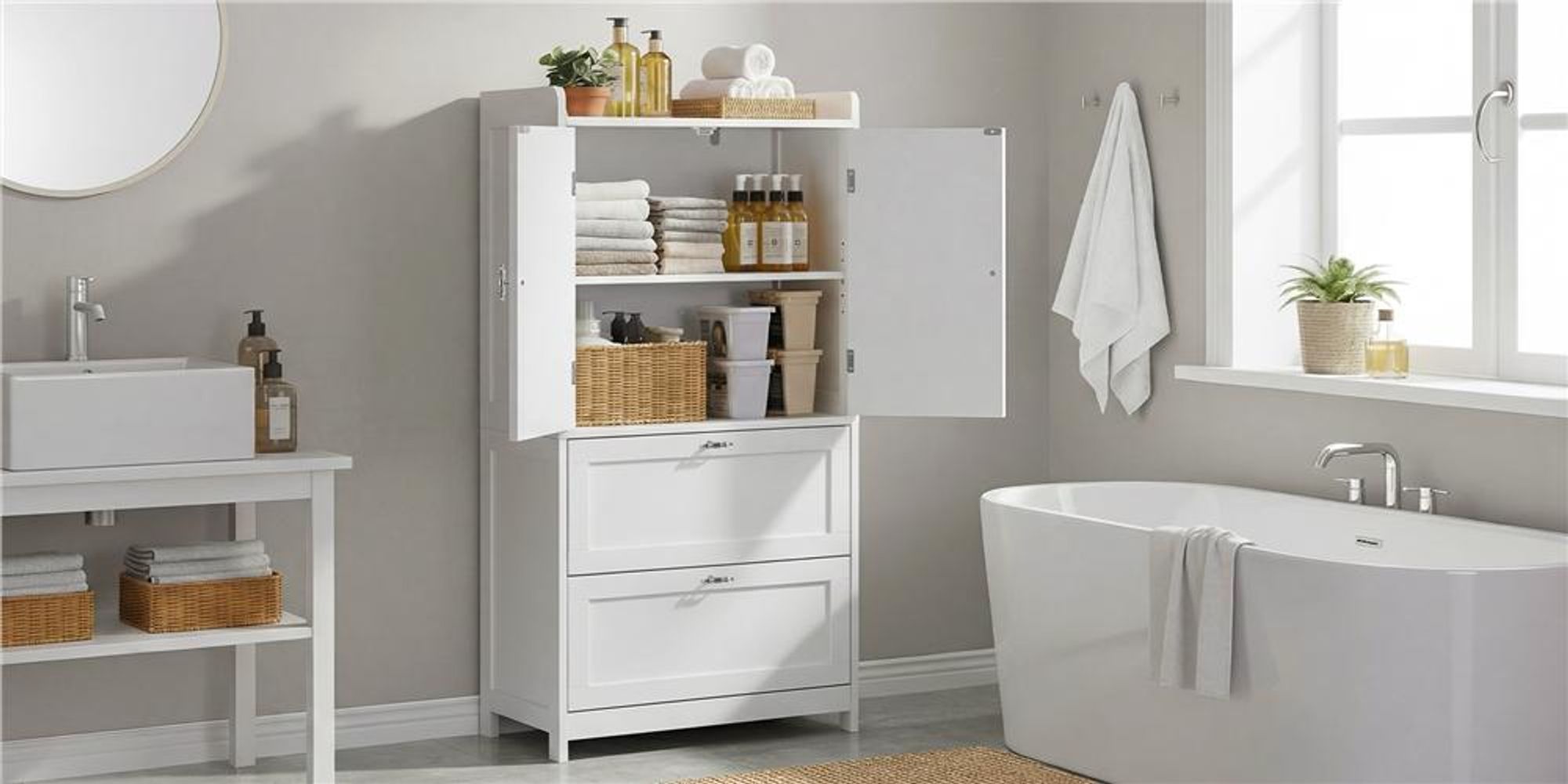 Yaheetech Badschrank Badezimmerschrank mit 2 Türen & 2 Schubladen, erhöhte Kante, verstellbare Ablage, Küchenschrank 60 x 30 x 115 cm, Weiß