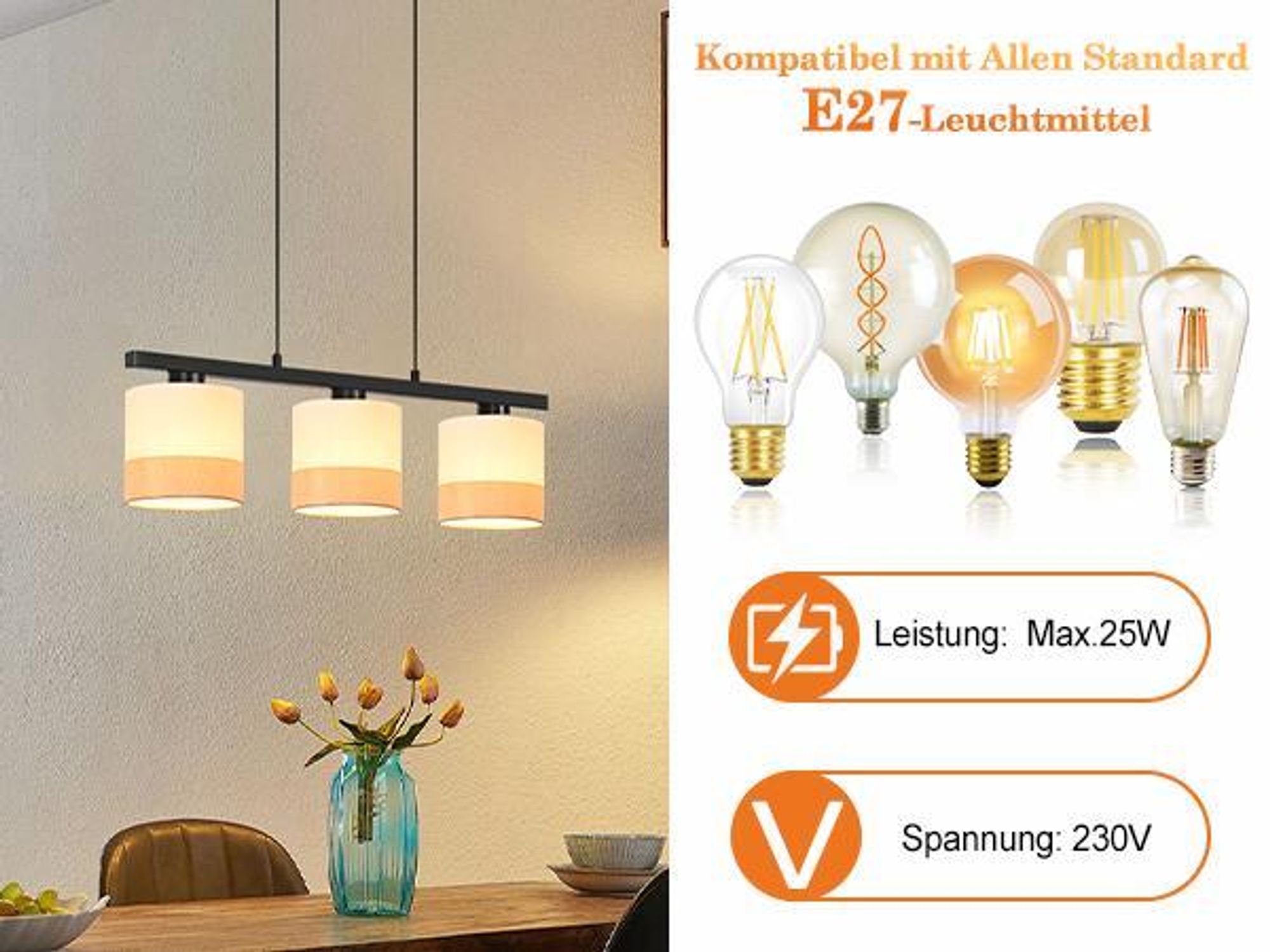 ZMH Esstisch Pendelleuchte 3 flammig Vintage Hängelampe Weiß Stoffschirm Esstischlampe Höhenverstellbar Pendellampe E27 Esszimmer (ohne Leuchtmittel)