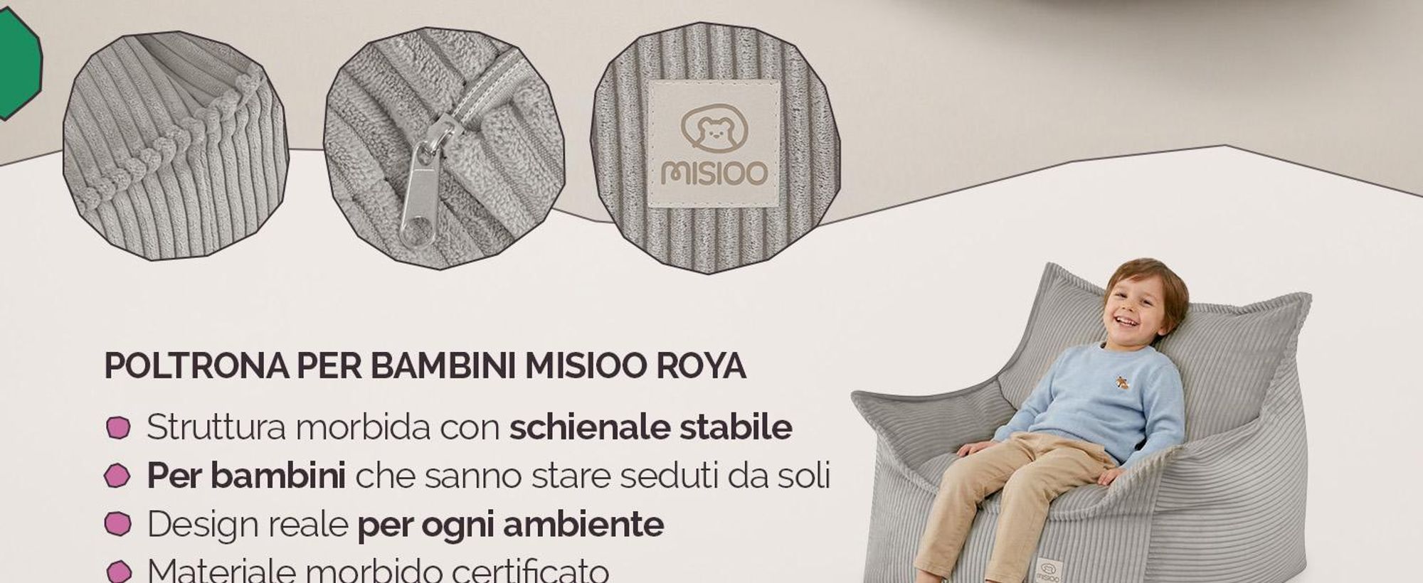MISIOO Poltrona per bambini Roya Cord – Poltrona per la cameretta, morbido pouf per bambini, divano a sacco da pavimento, velluto premium Oeko-TEX, 80x73x58 cm