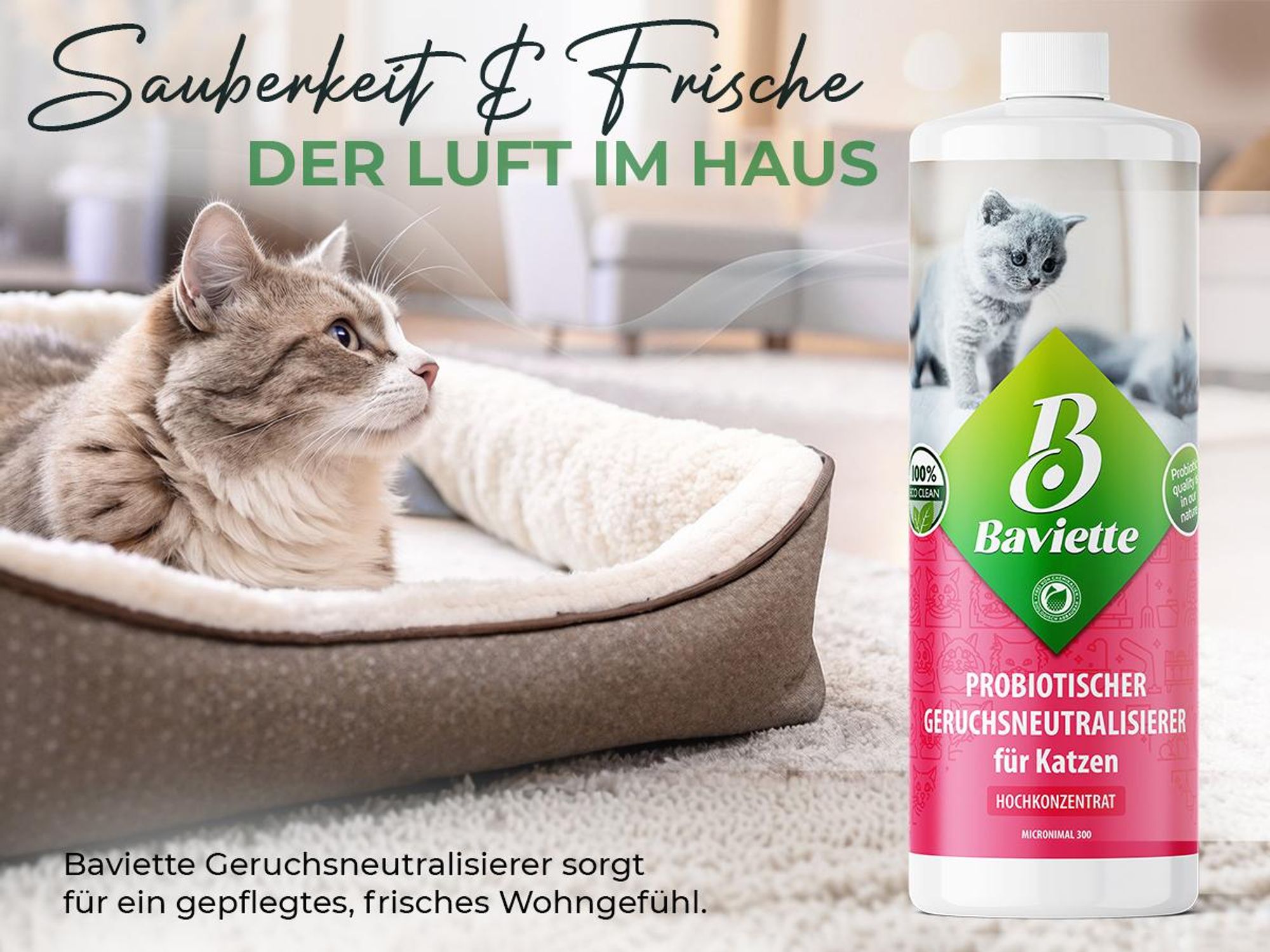 Baviette Geruchsentferner Katze 500 ml Konzentrat – Geruchsneutralisierer mit Mikroorganismen für Katzenklo, Teppich, Möbel & Auto