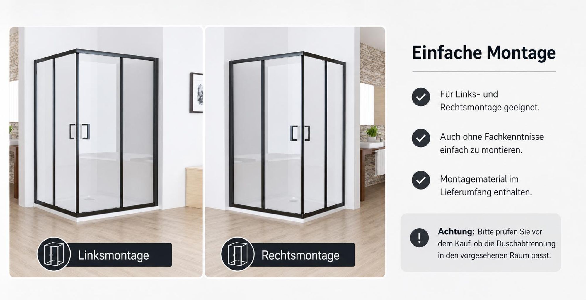 MIQU Duschkabine Eckeinstieg 90x90x185 cm Duschwand mit Doppel Schiebetür Schwarz Rollen, 6mm ESG Sicherheitsglas, Schiebetüren Glas komplett Dusche