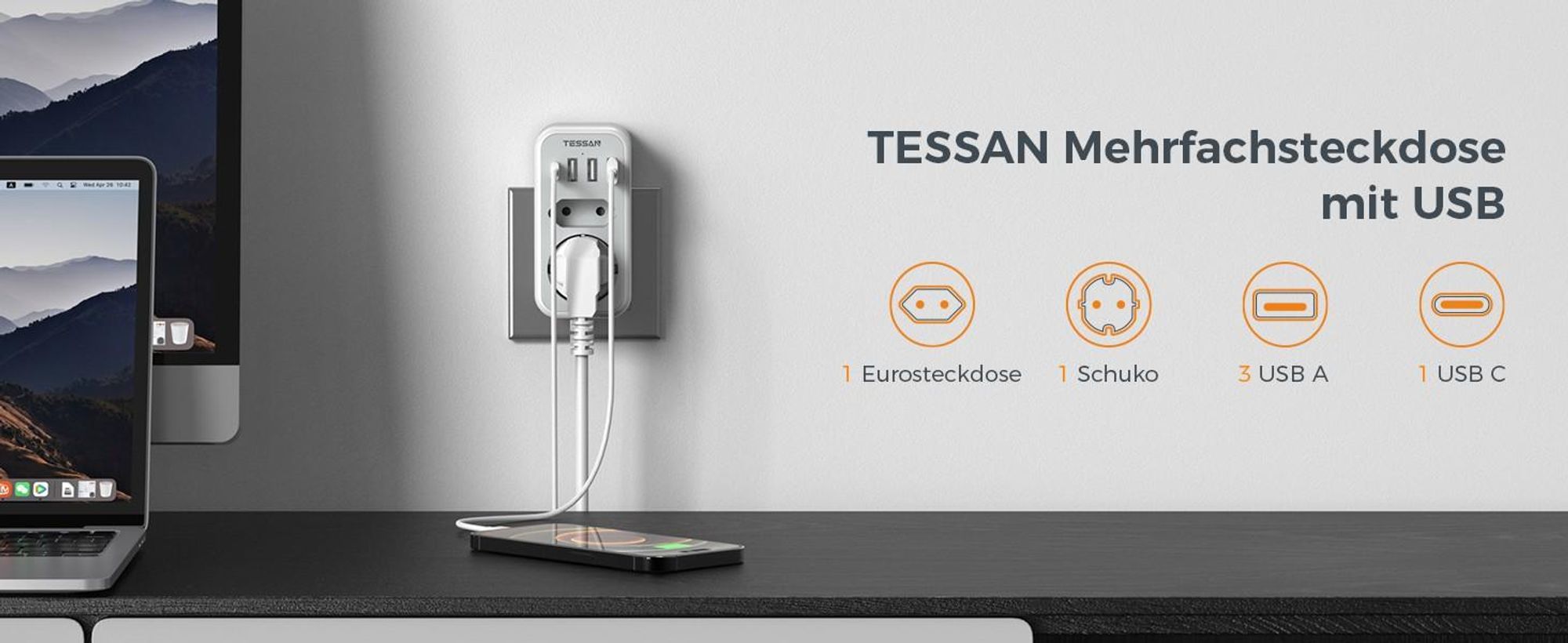 TESSAN USB C Steckdose Mehrfachsteckdose mit 4 USB Netzstecker Steckdosenadapter 2 Fach Stecker 3600W