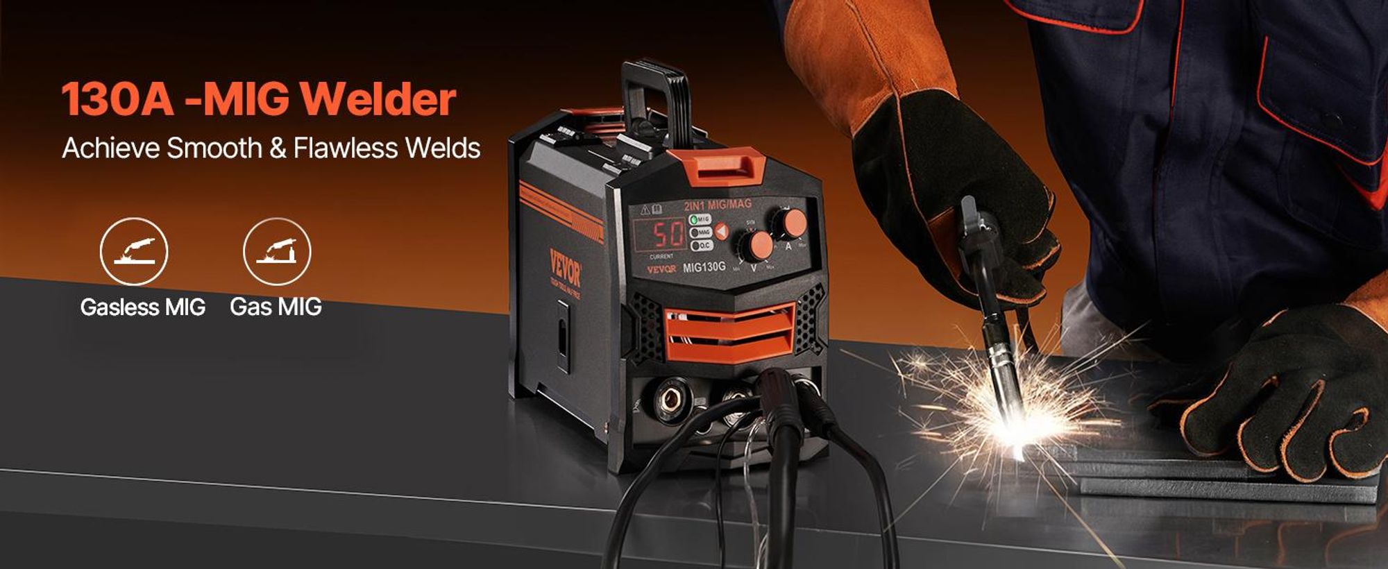 VEVOR MIG-Schweißgerät, 130Amp synergisches MIG-Schweißgerät, gasloser Fülldraht-Schweißmaschine, tragbares MIG-Schweißgerät mit IGBT-Invertertechnologie und digitalem Display, 2-in-1, 130 A-a
