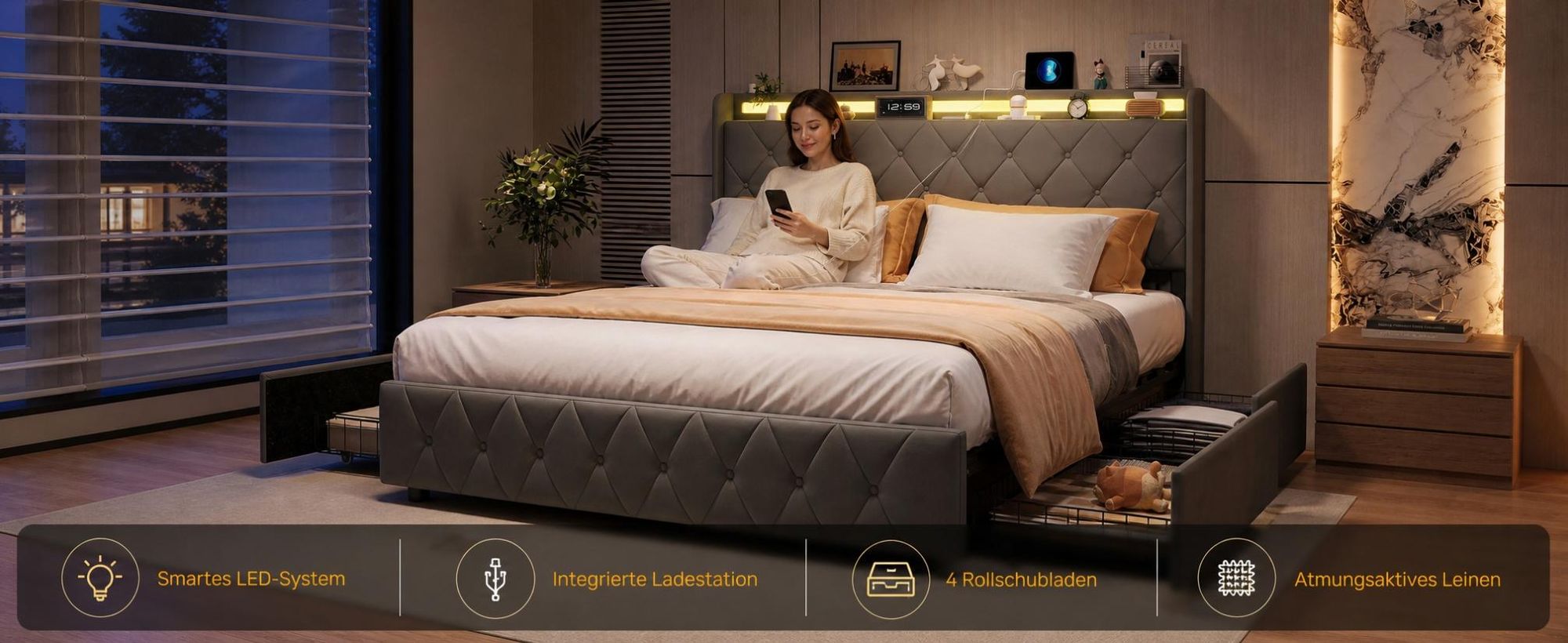 INONEFT Boxspringbett Polsterbett 160x200 mit LED & USB/C,Doppelbett Bett mit 4 Schubladen und Lattenrost,Bettgestell mit Stauraum-Kopfteil,Samt Grau