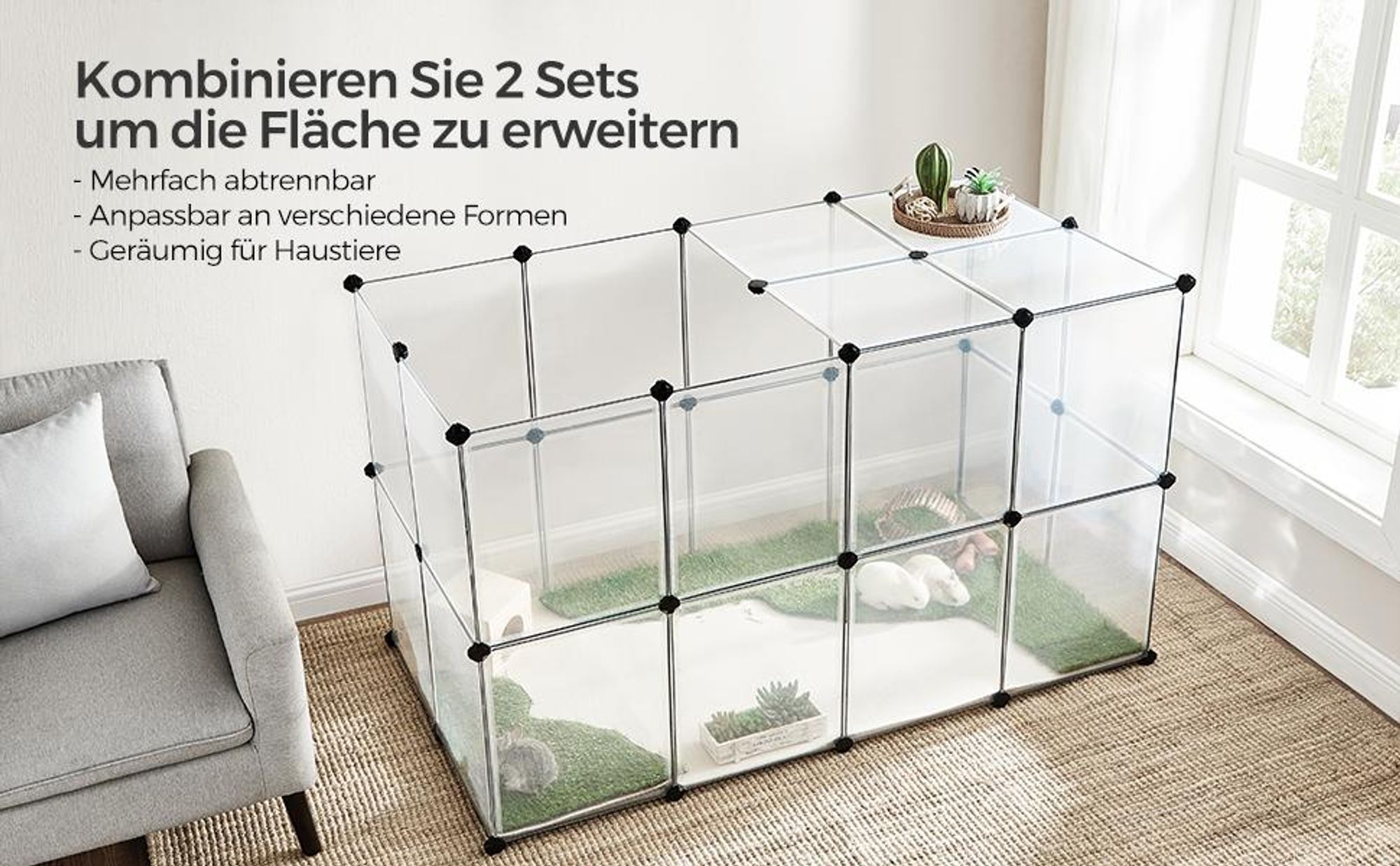 SONGMICS Kleintierkäfig, Freigehege mit Bodenplatten, 143 x 73 x 46 cm, weiß