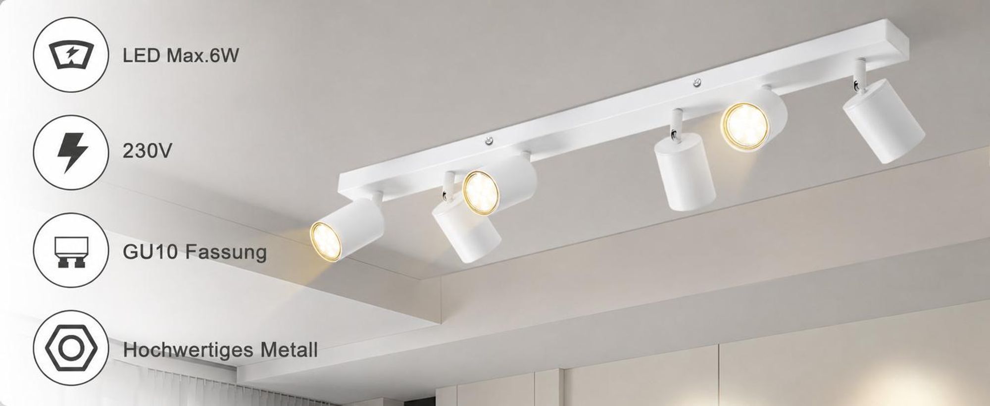 ZMH LED Deckenstrahler 6 Flammig Deckenlampe  Deckenstrahler GU10 Metall Deckenspots Schwenkbar 350° Strahler für Wohnzimmer Schlafzimmer Flur Weiß