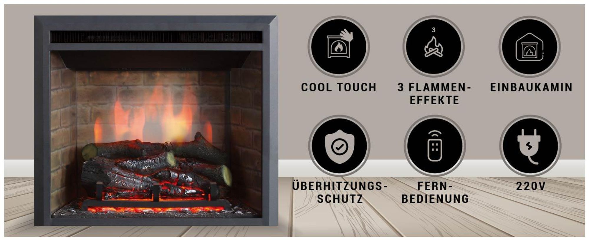 RICHEN EF42C Elektro-Kamin, Wandgerät, 2000 Watt, 2 Heizstufen, Echtfeuereffekt, Thermostat