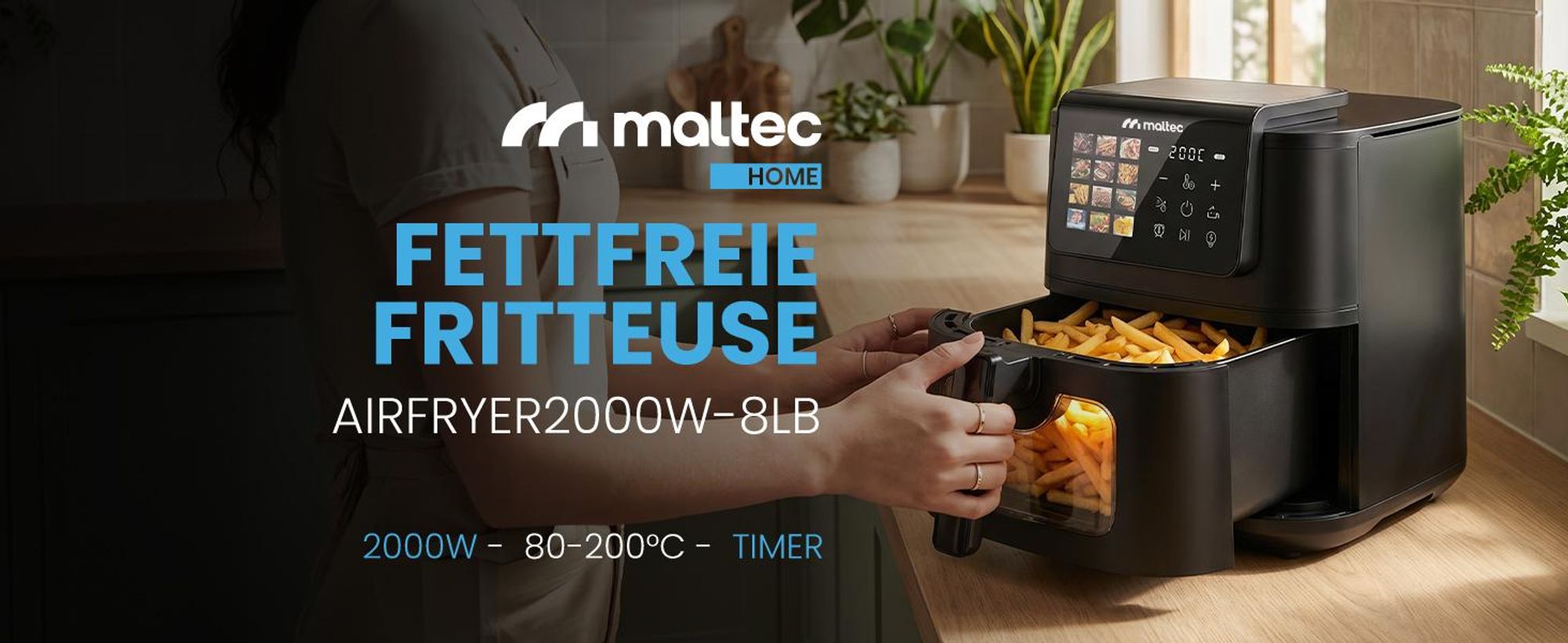 Fritteuse mit 8 Litern Fassungsvermögen, Sichtfenster und 12 Programmen in Schwarz