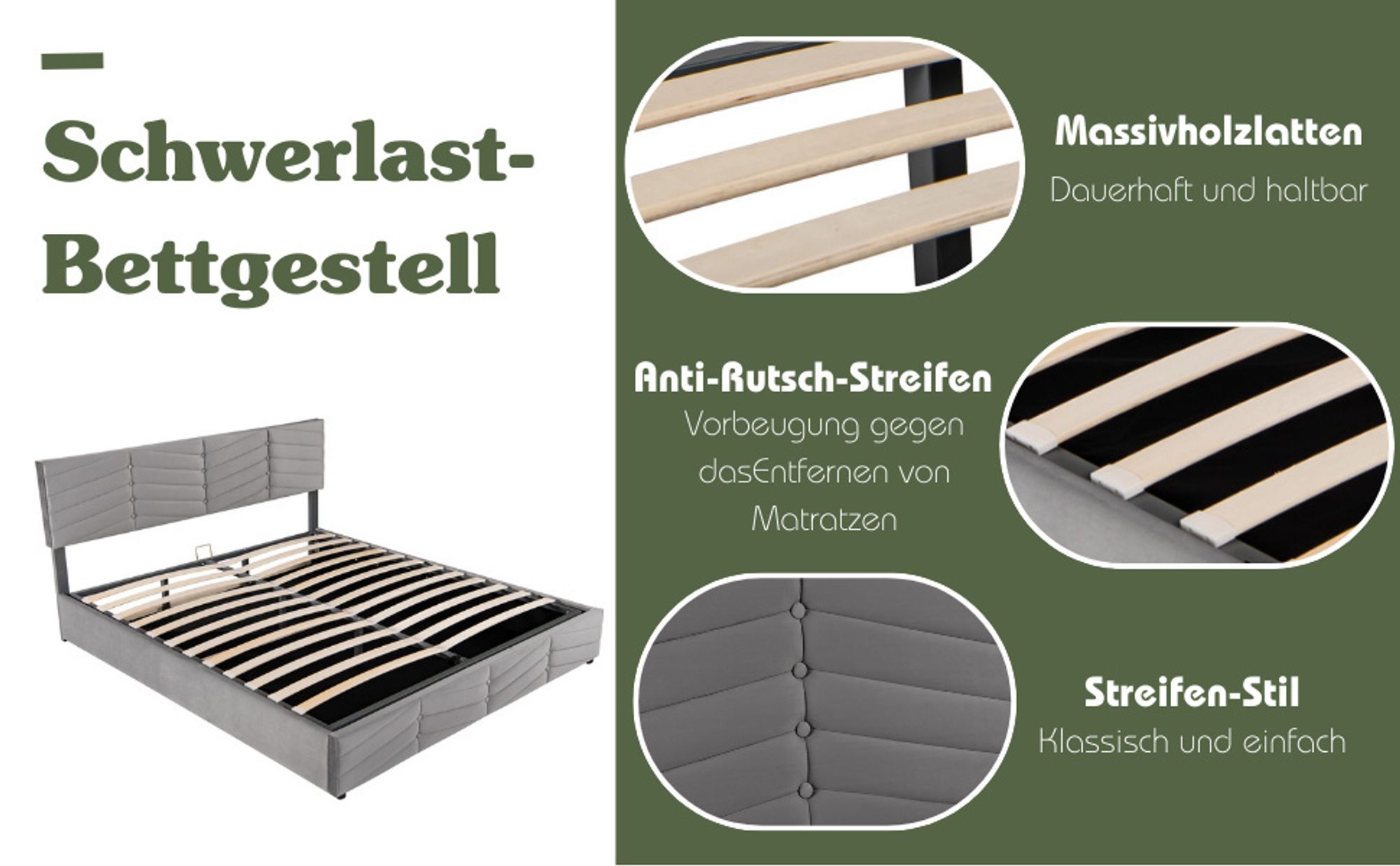 okwish Polsterbett 180×200cm Stauraumbett Doppelbett mit verstellbares Kopfteil,hydraulisches Kontinentalbett,Streifenstil,Samt,Grau,ohne Matratze