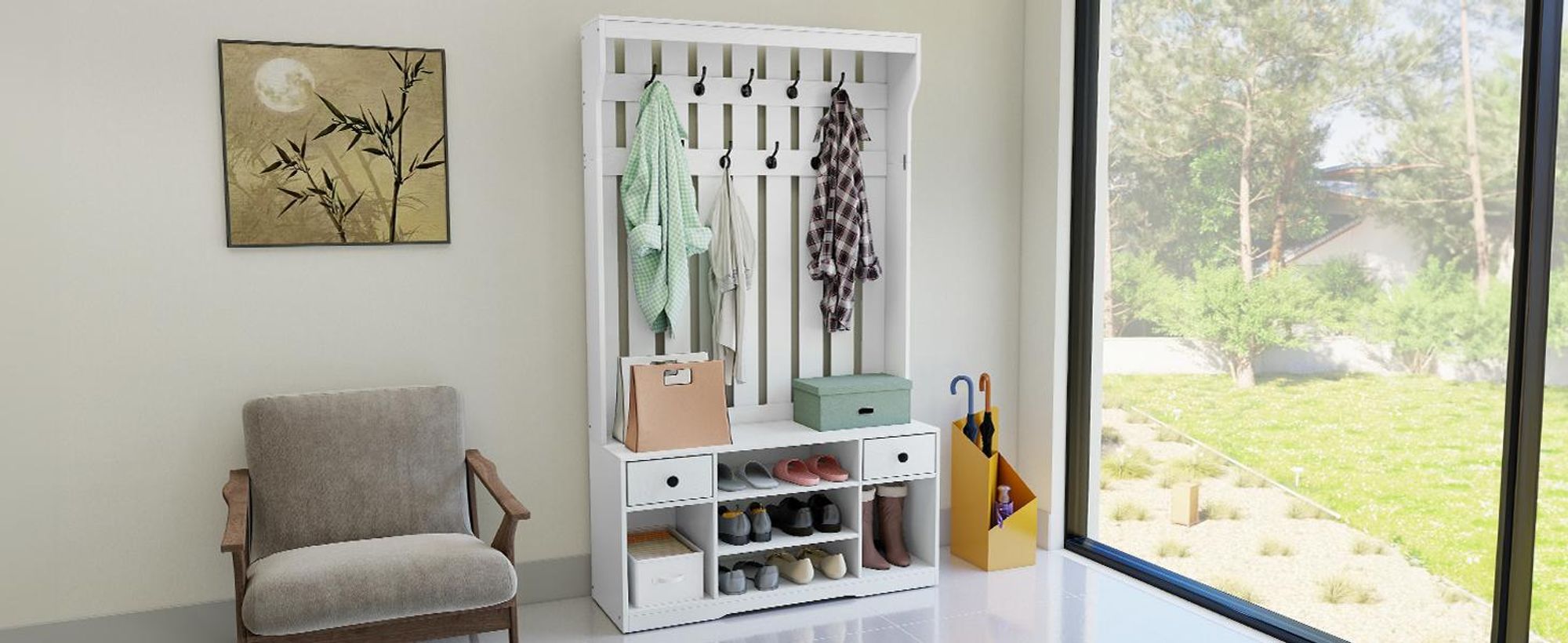 Garderobenständer mit Schuhbank, Kleiderschrank mit 9 Haken und 2 Stoffschubladen, 100 x 35 x 180 cm, Weiß