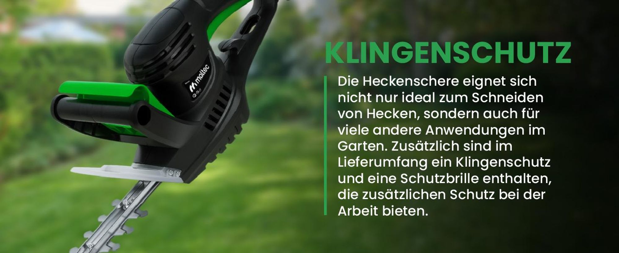 Elektrische Heckenschere mit 50cm Schnittlänge, Handschutz, Schwertschutz und Schutzbrille