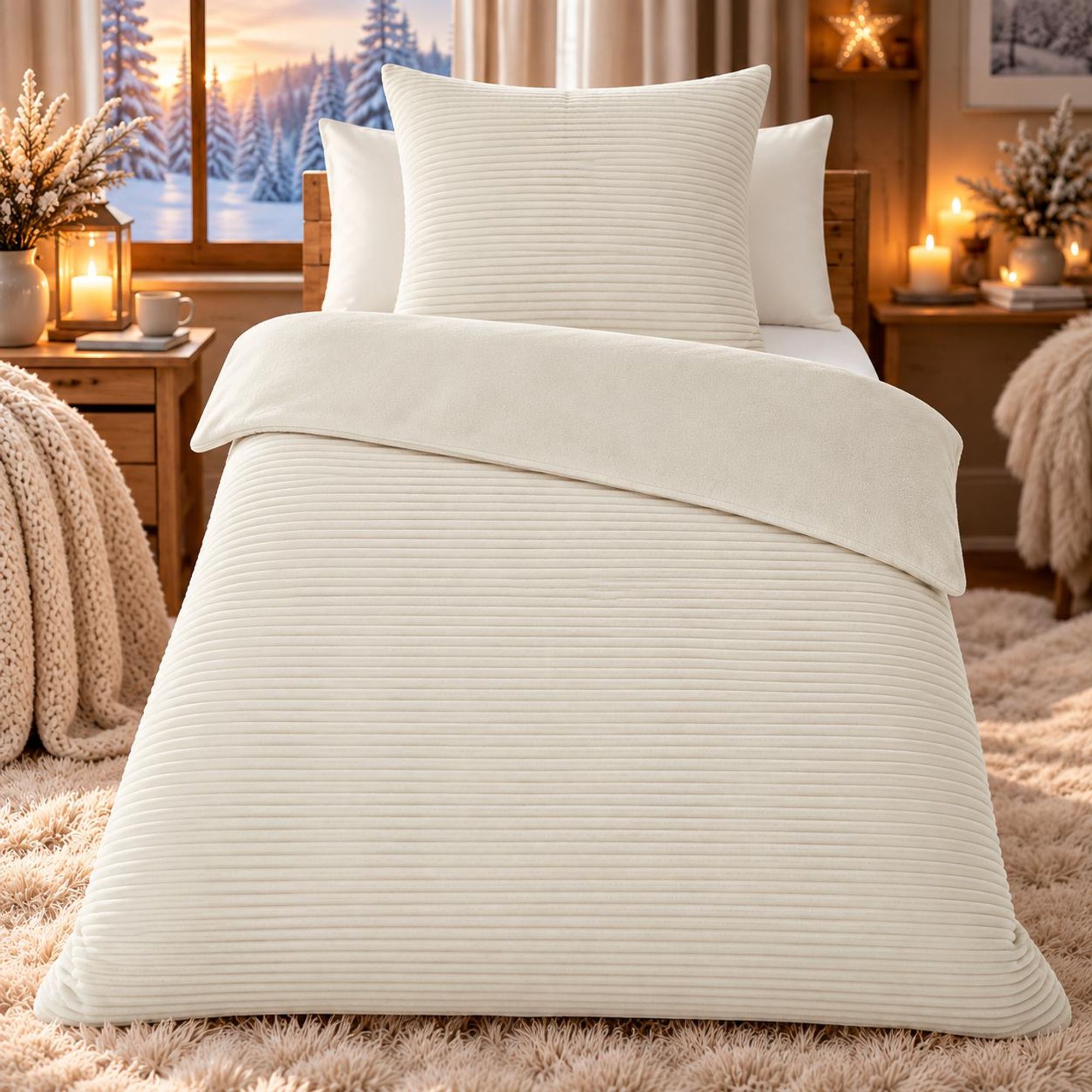 Bettwäsche Winter Flausch Cashmere Touch Uni Wende warm 2 teilig 135x200 mit RV Farbe CORD / ECRU