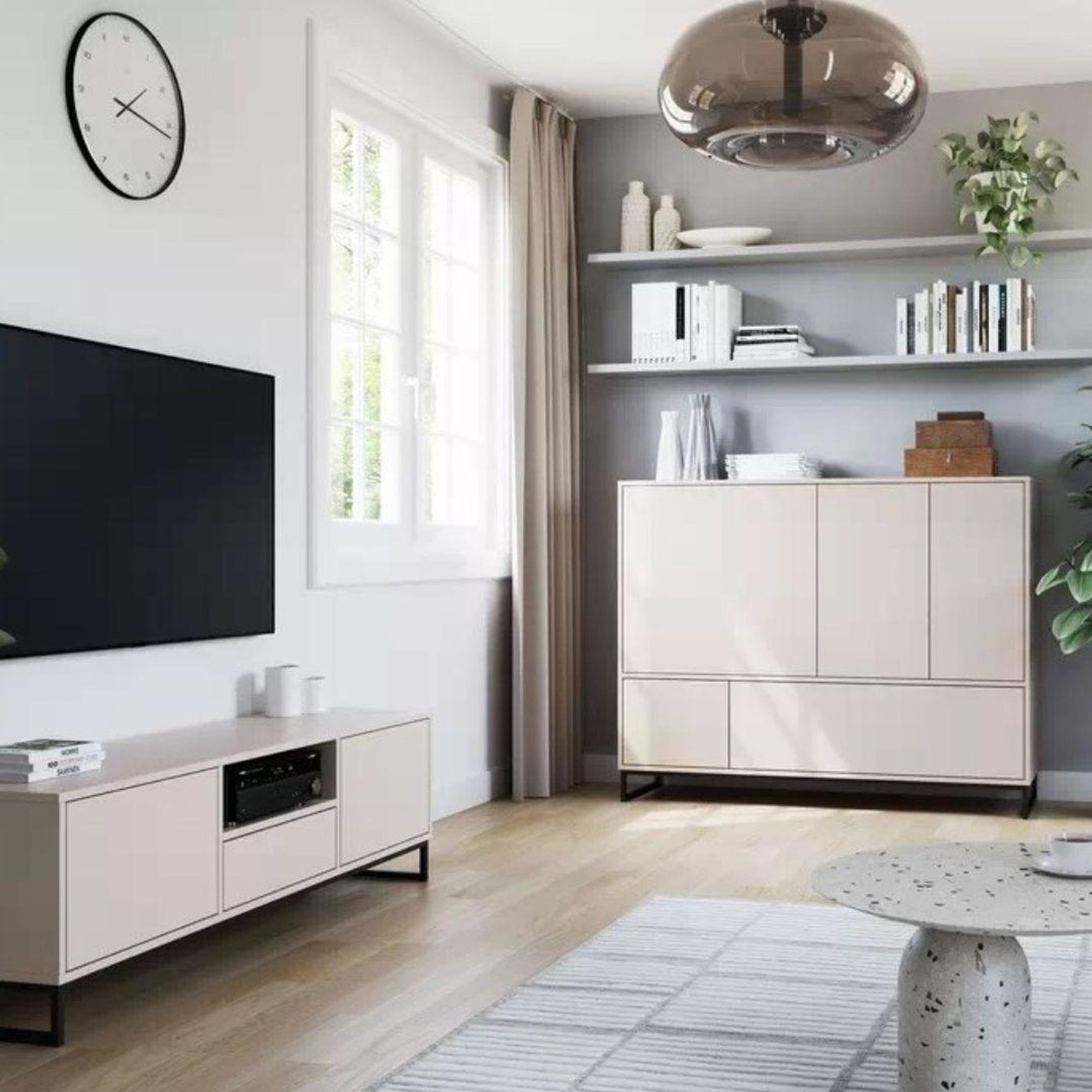 BETTSO Geräumige Kommode GENUA beige – 9 Fächer, PUSH TO OPEN, schwarzer Rahmen, 160x120x45 cm