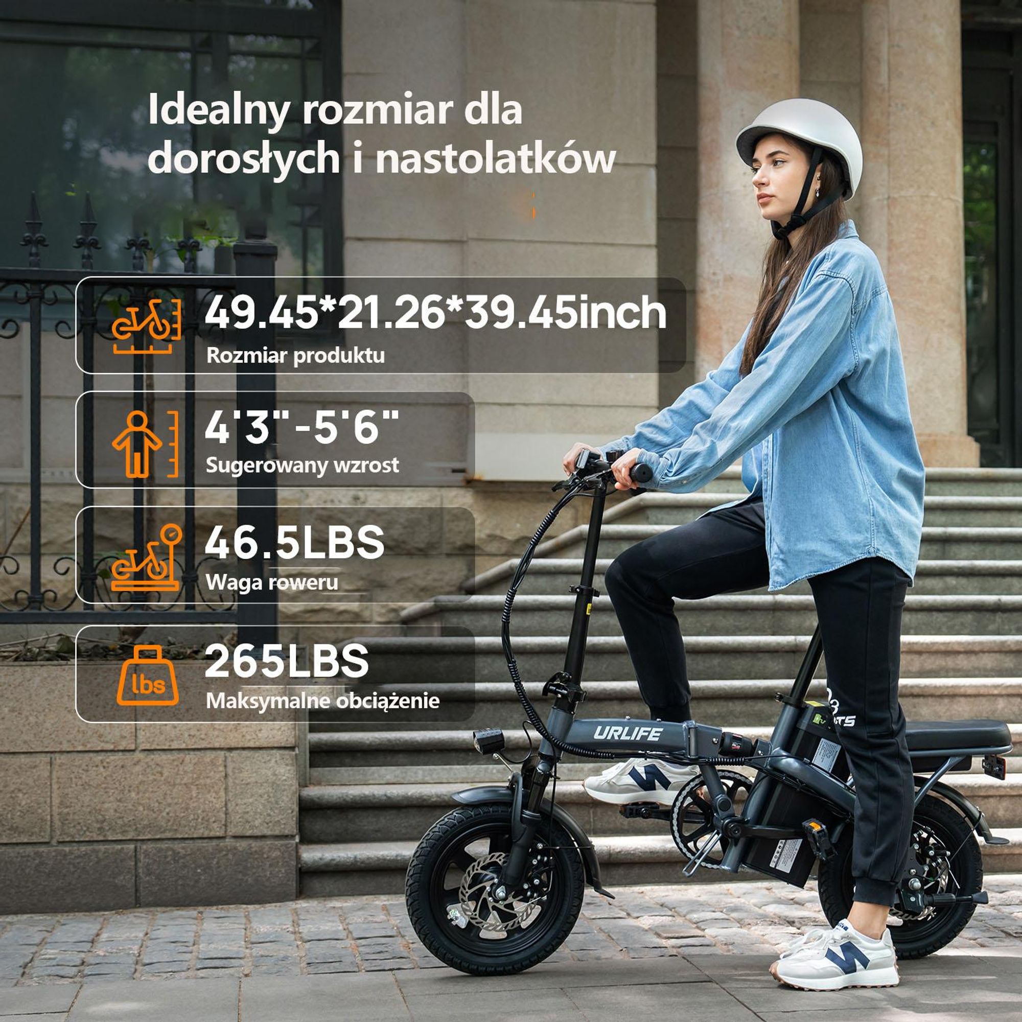Rower Elektryczny  URLIFE F1L - 48V 7.5Ah Bateria 14 Calowe koła Hamulce Tarczowe - Czarny