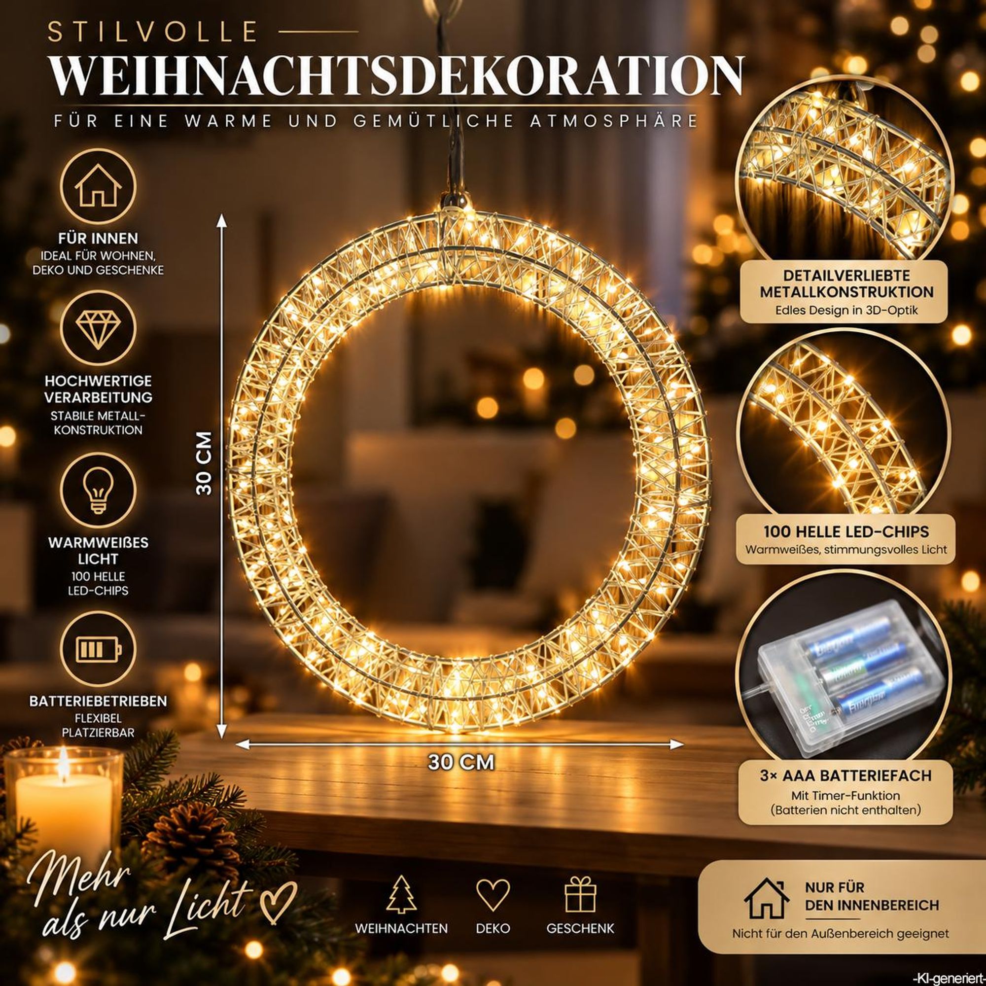 2x LED Lichtkranz 30 cm mit Timer, 150 warmweiße LEDs