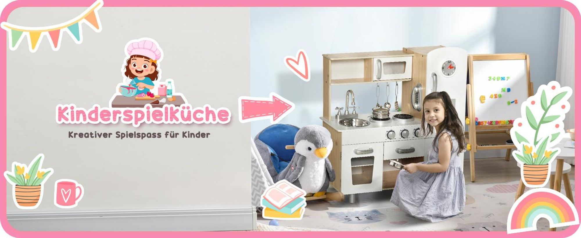 HOMCOM 2-in-1 Kinder Puppenhaus Kinderküche aus Holz mit Zubehör 3 Jahre+ MDF