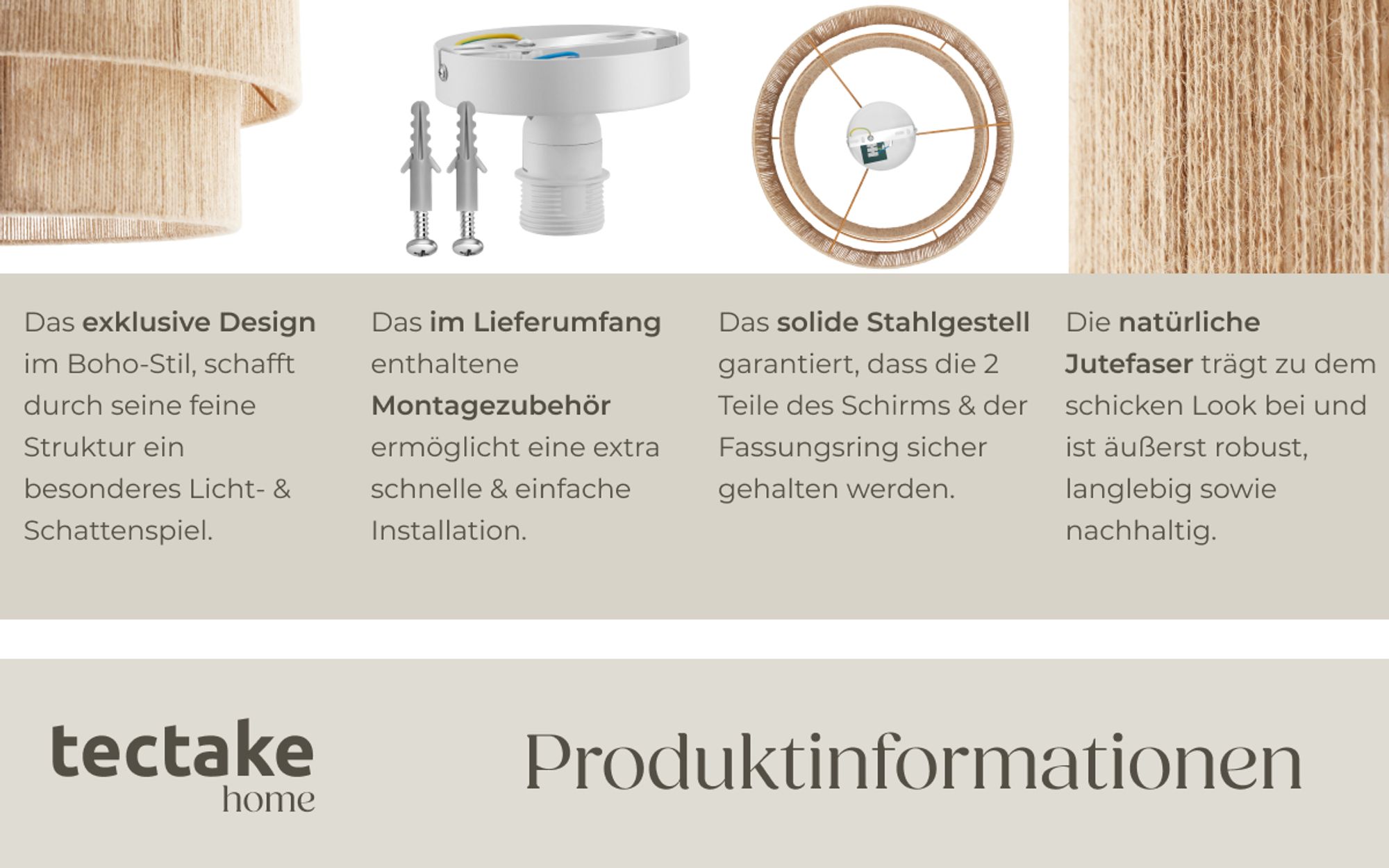 tectake® Deckenleuchte Lignea Lux aus Jute Boho-Stil 45 x 25 cm