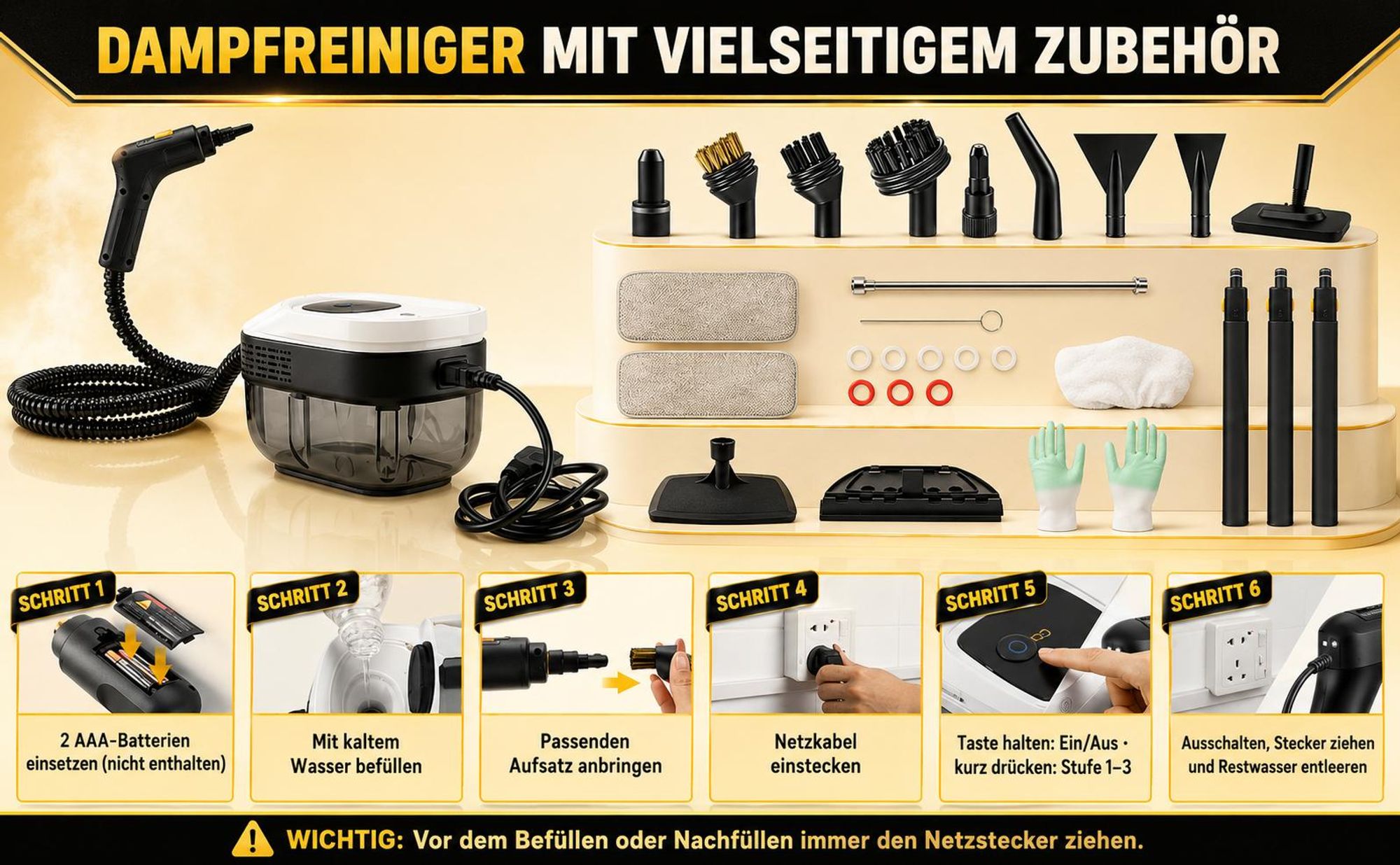 2500W Tragbarer Dampfreiniger, 1,6L Wassertank, 3 Dampfstufen am Griff, 15s Aufheizen, Mehrzweck-Dampfreiniger mit 19 Zubehörteilen für Böden und Sofa