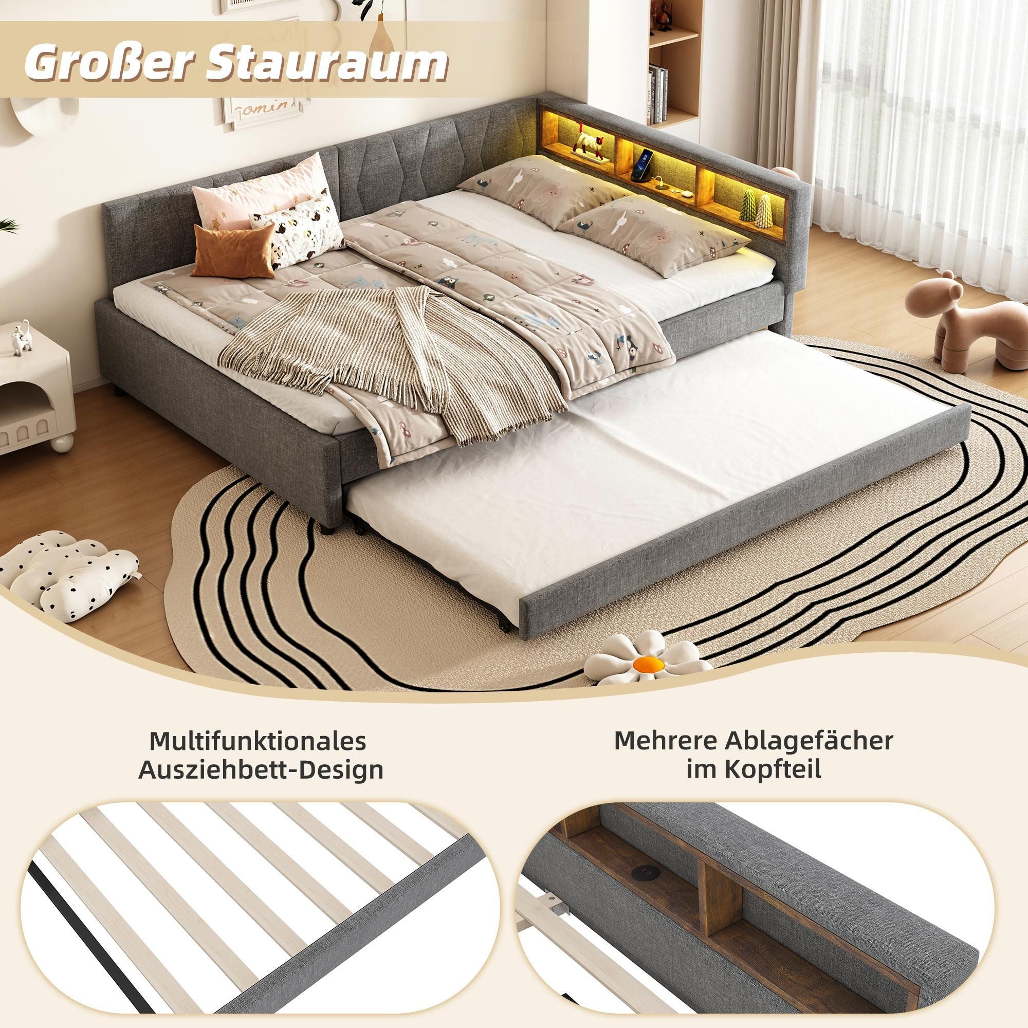 Merax Tagesbett Daybett 140x200 cm, mit Ausziehbett 90x190 cm, Gästebett mit LED, USB+Typ C, Schlafsofa, Leinen Polsterbett, Grau