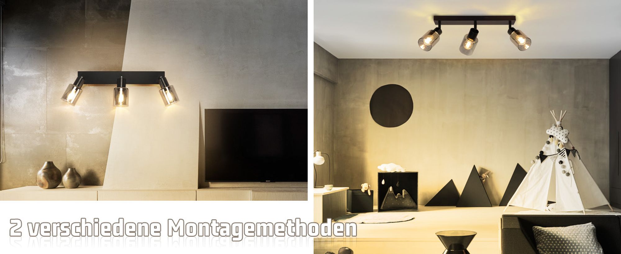 ZMH Deckenstrahler 3 flammig E14 Deckenlampe Vintage Deckenleuchte Schwarz 350° Schwenkbar Küchenlampe Metall Deckenspots Glas Spotleuchte Wand für Wohnzimmer Flur Küche Ohne Leuchtmittel