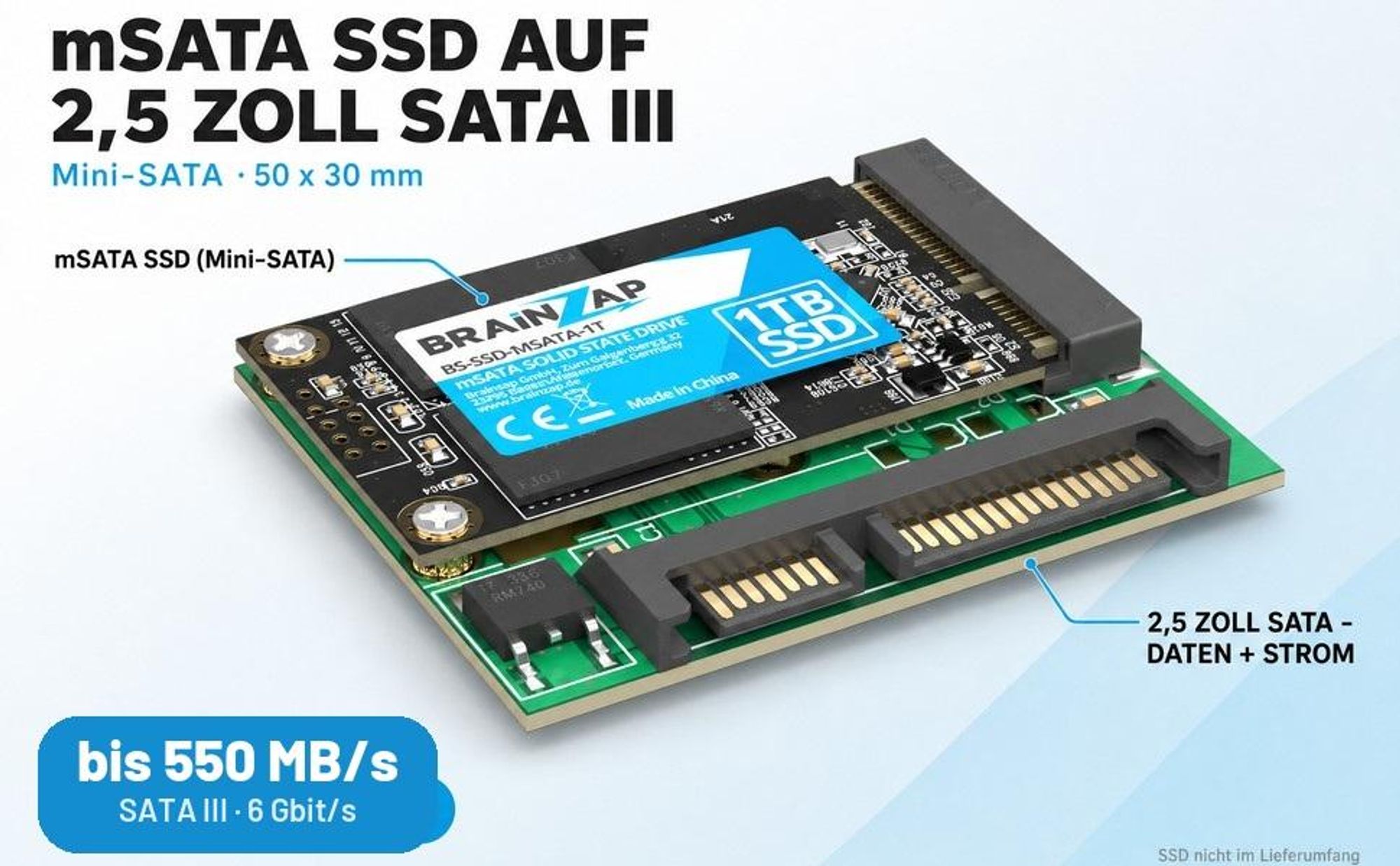 BRAINZAP mSATA 50*30 mm SSD auf 2,5-Zoll SATA 3 III Konverter Adapter Karte Mini-SATA