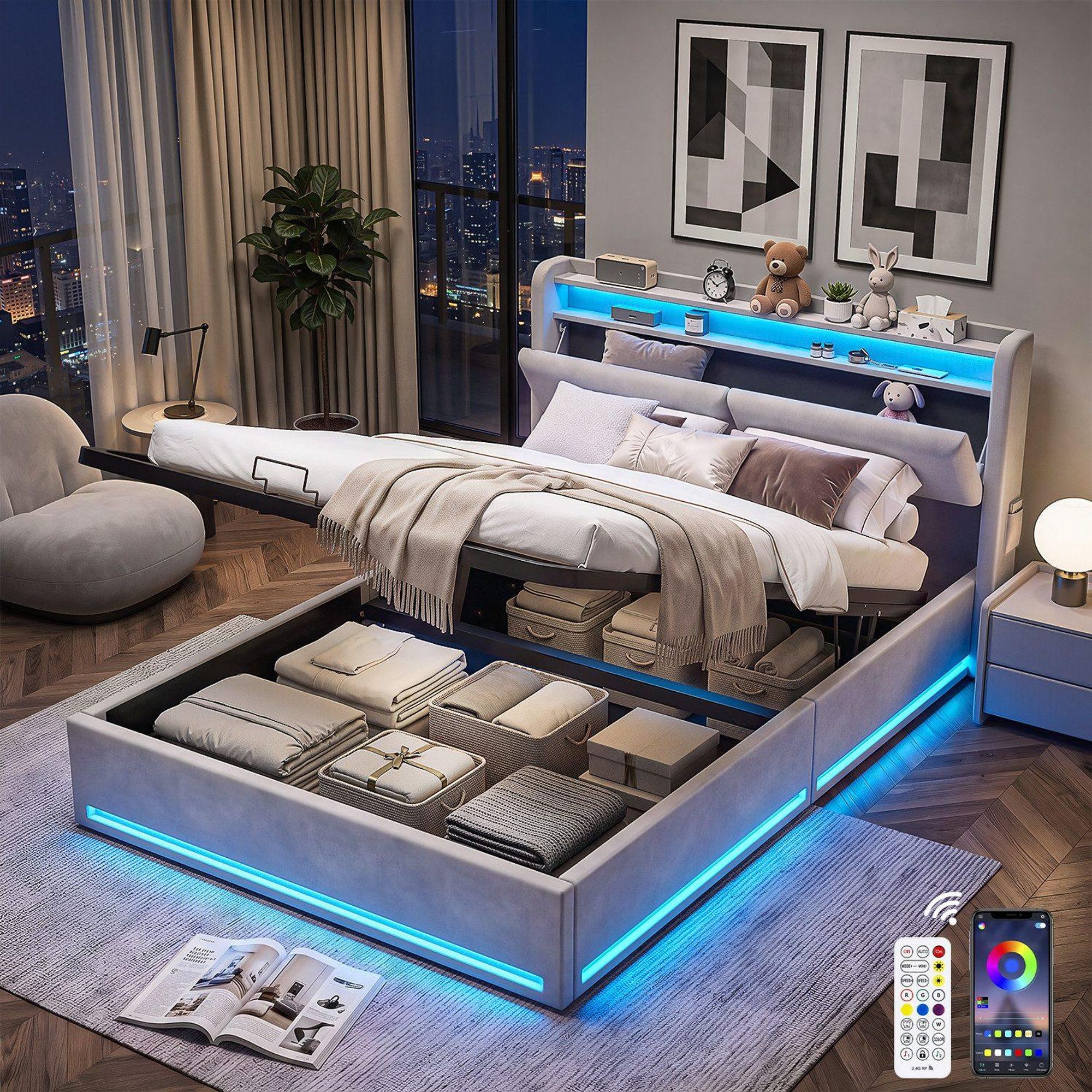 OYAJIA Polsterbett LED Doppelbett 140x200cm, Stauraumbett mit Kopfteil, Samt mit Komforthöhe, Leises Design Bett , Stauraumbett mit Hydraulische