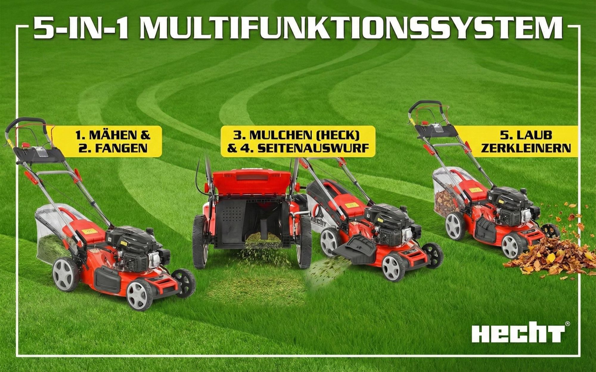 HECHT Rasenmäher Benzin mit Antrieb 554 SXE | 53 cm Schnittbreite & Elektrostart | 5in1 | 75L | 6 PS | Mulchkit