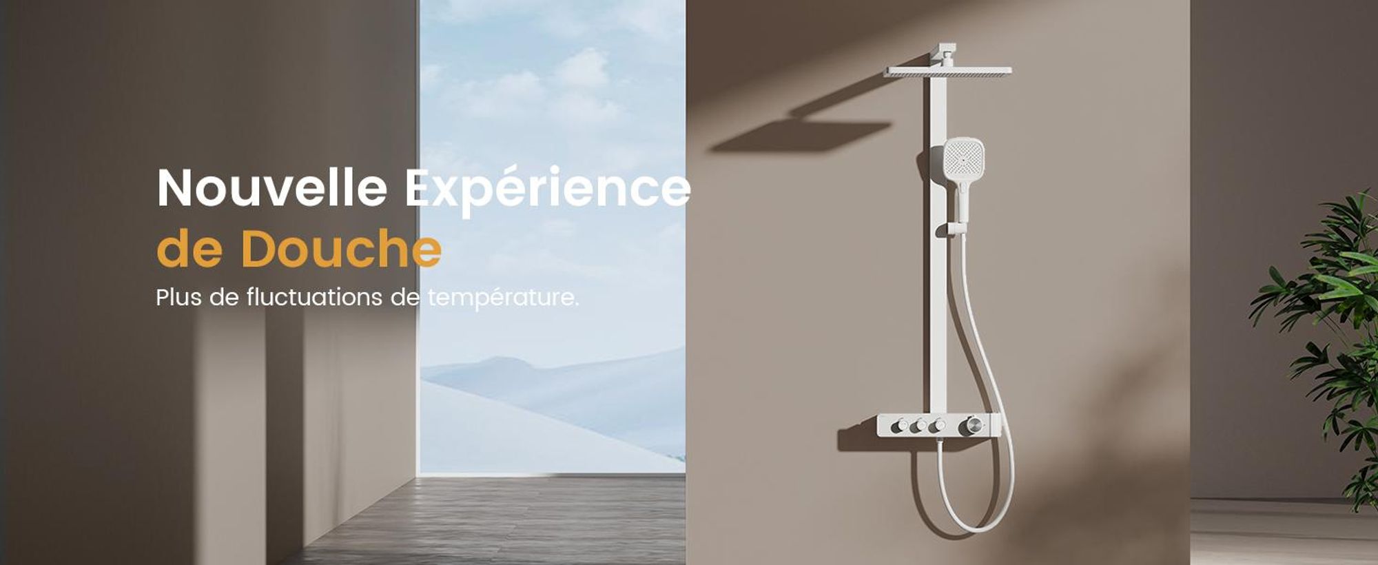 EMKE Système de douche avec thermostat Colonne de douche blanche avec 360×240mm douche à effet pluie carrée, bec de baignoire, régulateur de débit & tablette en verre F27