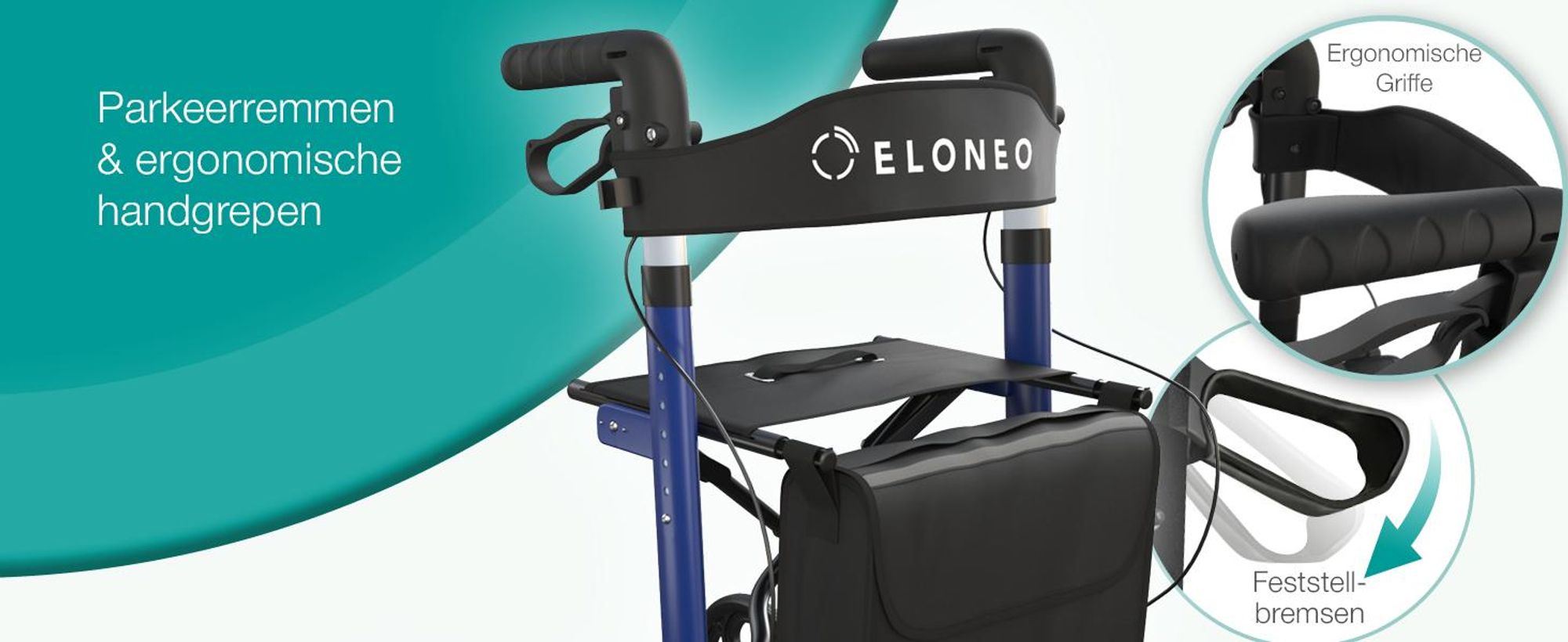 ELONEO inklapbare en lichte rollator met zitplaats, lichtgewicht reiskofferrolator van aluminium, loophulp met 8-voudige hoogteverstelling, inklapbaar in 3 standen