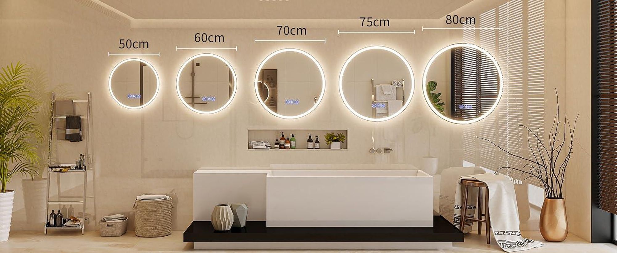 Koonmi runder LED Badspiegel 80 cm, dimmbar, Wandspiegel mit 3 Lichtfarben, Antibeschlagfunktion und bruchsicherem Glas für Badezimmer und Waschtisch