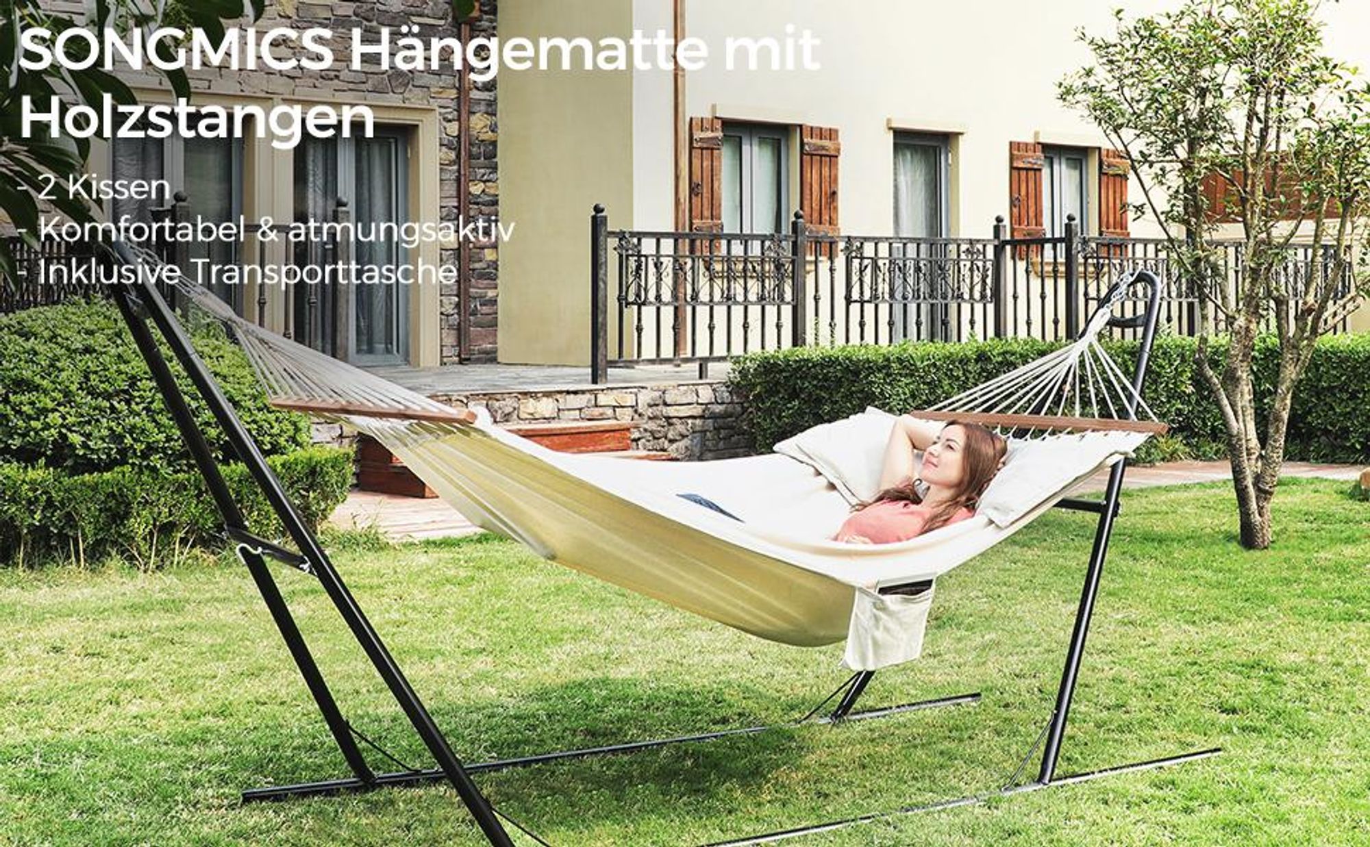 SONGMICS Hängematte, 210 x 150 cm, mit 2 Kissen, bis zu 300 kg belastbar, beige