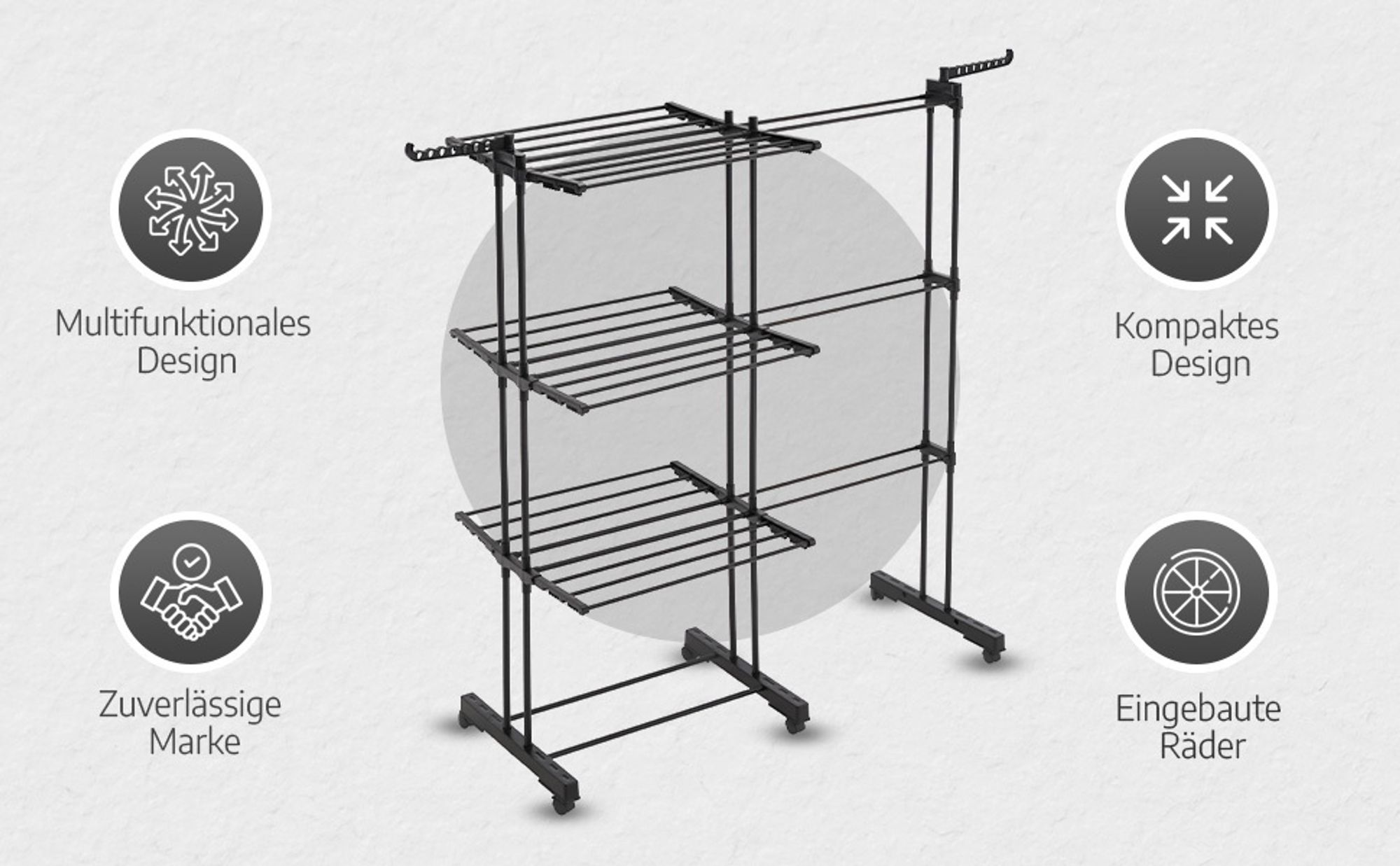 Meisterhome® Klappbarer Wäscheständer Wäscheturm Effizientes Trocknen mit 3 Ebenen, 2 Seitenflügeln - Trockenleinenlänge - Platzsparend, vielseitig und mobil für drinnen und draußen – Schwarz, Länge:25m