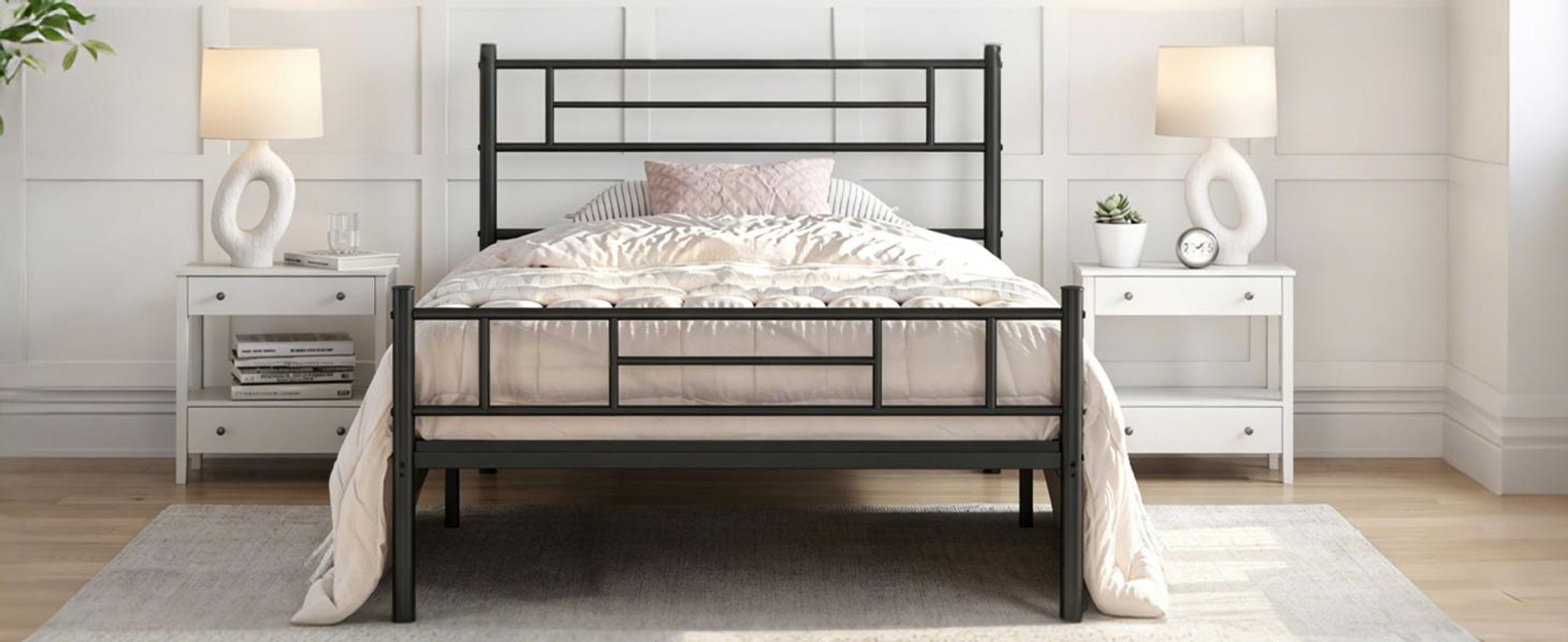 Metallbett Bettgestell 90 x 200 cm, Bettrahmen mit Federkern Matratze und Kopfteil, Schwarz