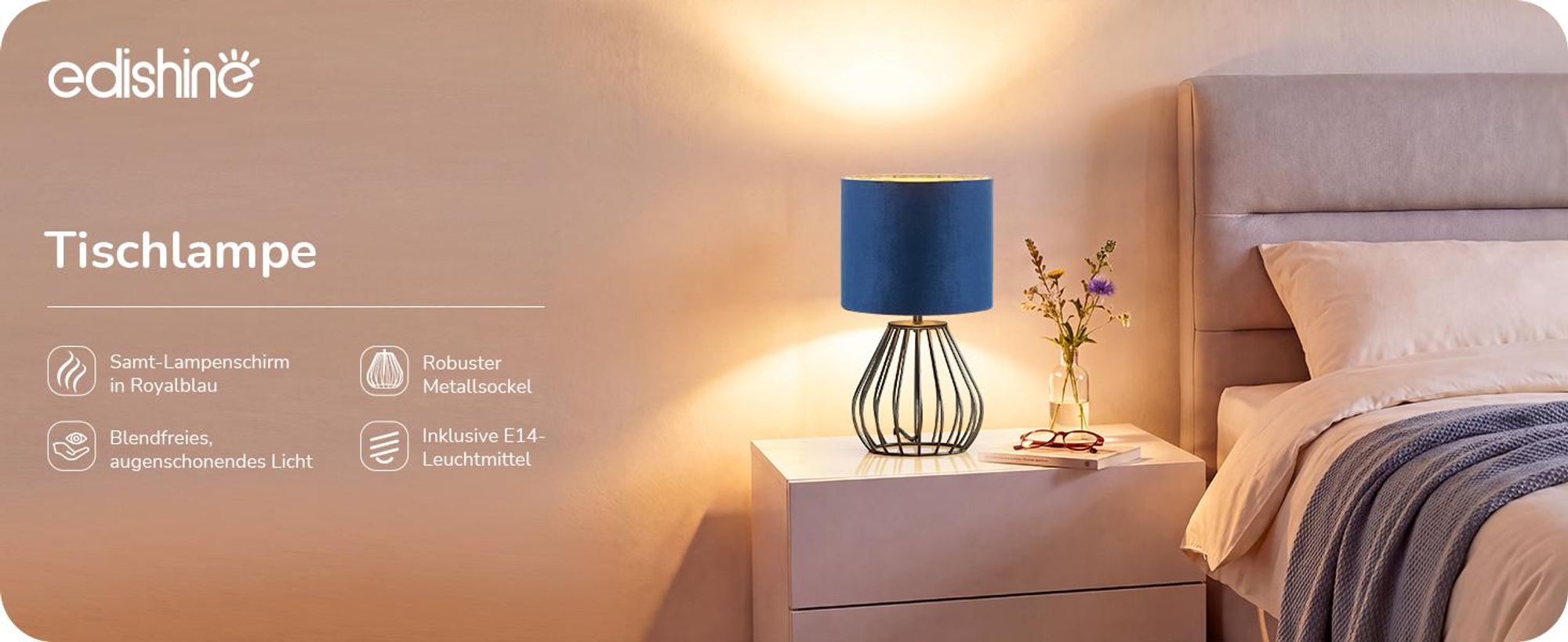 EDISHINE Nachttischlampe, Dunkelblau-Samt-Lampenschirm, inklusive 4W LED E14-Fassung, 2700K Warmweiß, schwarzer Metallsockel im Tropfen-Design