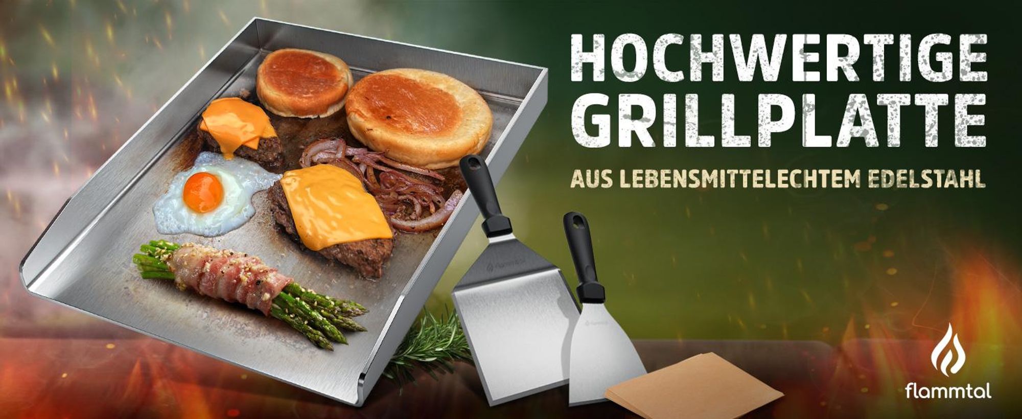 Flammtal [Das Original] – Grillplatte aus 4mm rostfreiem Edelstahl [40 x 30cm] – Plancha Grillplatte mit Grillspachtel Set & Burgerpapier (offen)