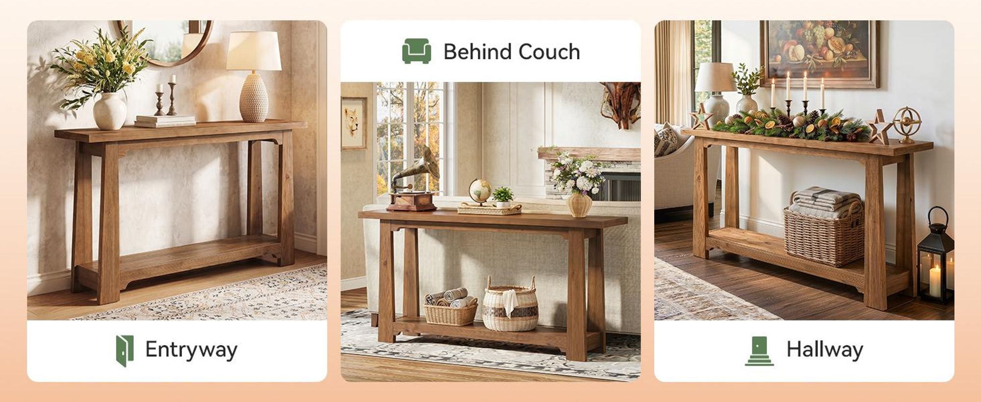 Massivholz Konsolentisch 140 cm, Schmaler Flurtisch im Landhausstil mit Ablage, Eingangstisch aus Echtem Tannenholz, Sofatisch Hinter dem Sofa