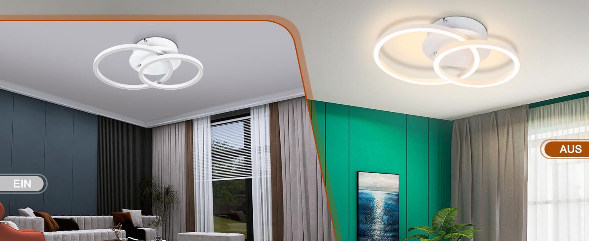 Stropní svítidlo ZMH LED 24 W, 2 kruhy, bílé, otočné, do obývacího pokoje, kulaté, do ložnice, 3000 K, teplá bílá, do kuchyně a obývacího pokoje
