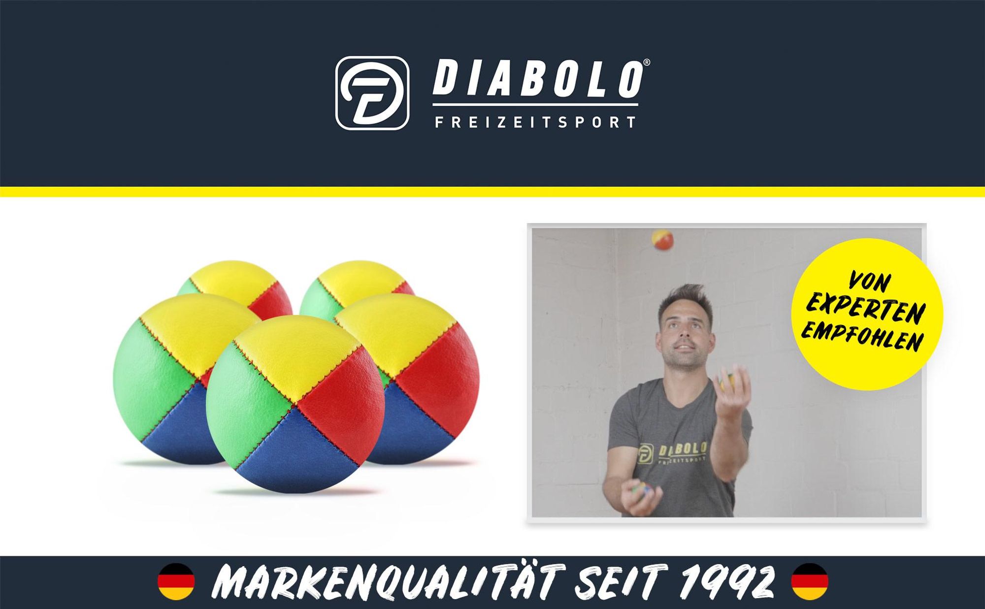 Diabolo Jonglierbälle Erwachsene – 62 mm Set mit 5 Jonglierbällen in vier Farben | Jonglierbälle Anfänger Kinder mit plastikfreier Geschenkverpackung