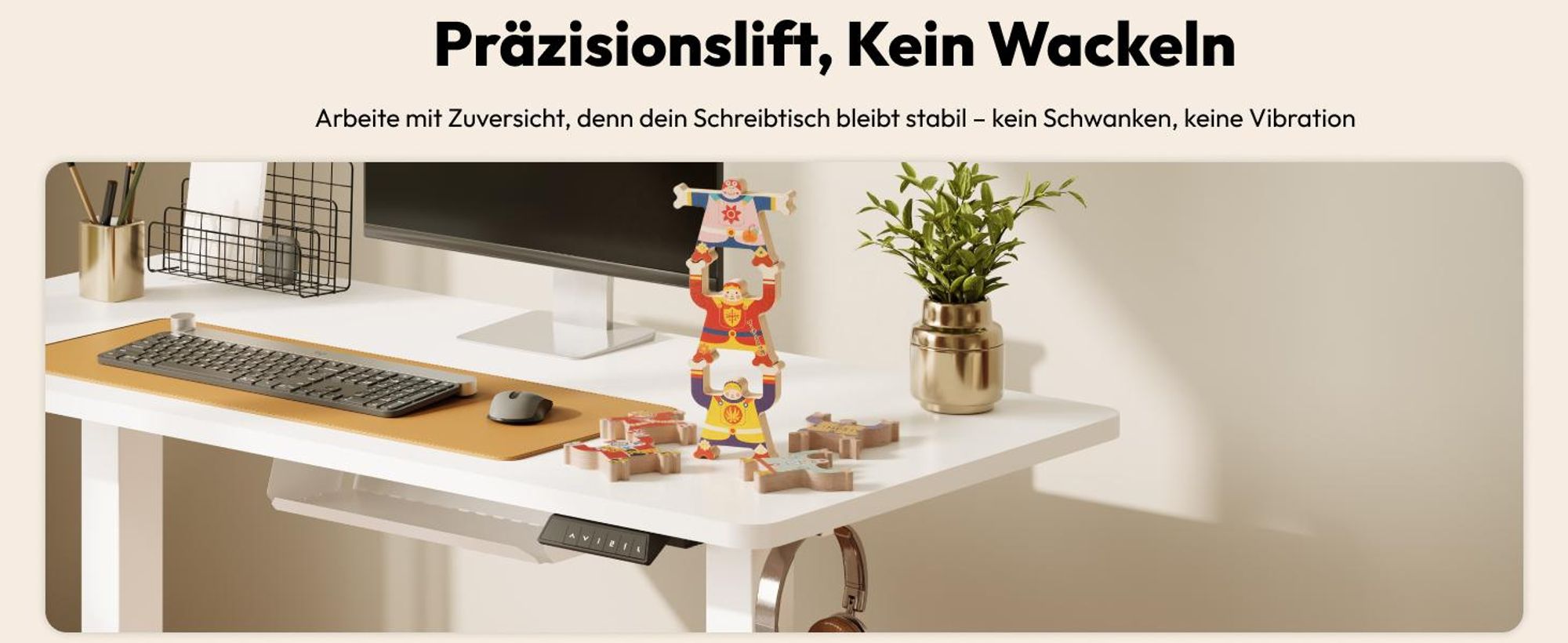 SANODESK QS1 Höhenverstellbarer Schreibtisch, EINTEILIGE TISCHPLATTE, 4 Memory-Funktion, 70 kg Tragkraft, Haken, Kabelmanagement, 110x54cm (Weiß)