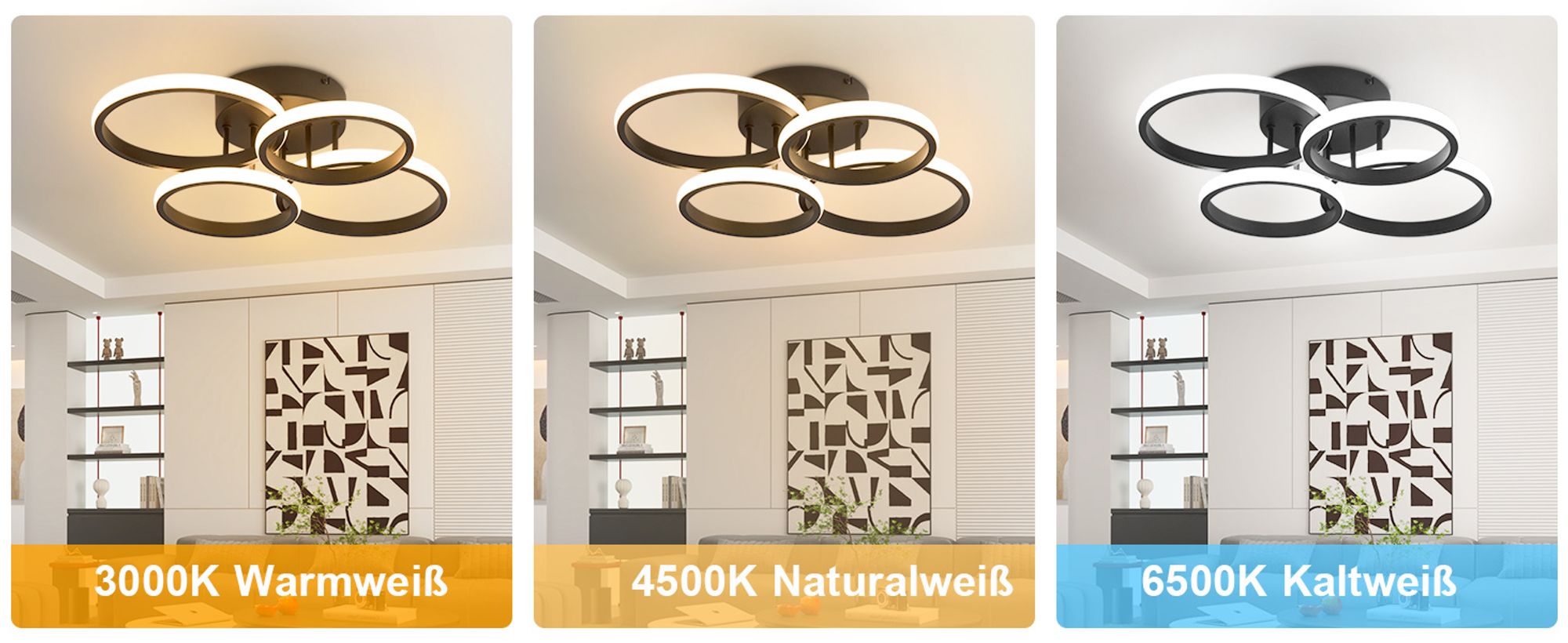 ZMH Deckenlampe LED Deckenleuchte Wohnzimmer Dimmbar Wohnzimmerlampe Modern Schwarz 48W Schlafzimmerlampe 55cm Design Deckenbeleuchtung 4-Ring Küchenlampe mit Fernbedienung für Haus Wohnung