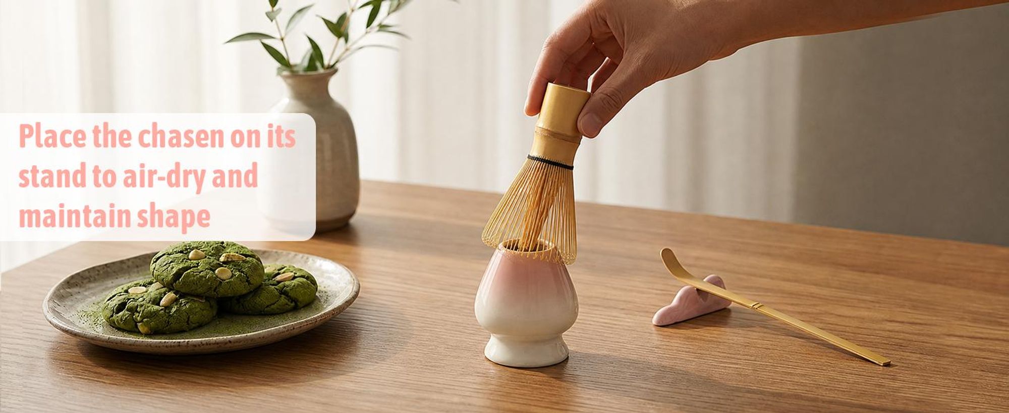 VONATES Matcha Set 9-tlg. mit Matcha-Schale, Bambus-Besener & Halter, Sieb, Löffel, Tuch, Eisform - Starter-Kit für Teezeremonie & Geschenk, Pink Farbverlauf
