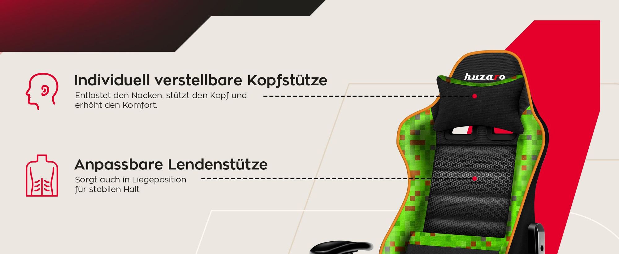 Huzaro Kinder Schreibtischstuhl Ranger 6.0 Gaming Stuhl Racing Sessel Bürostuhl Drehstuhl Gamer bis 130 kg mesh Pixel