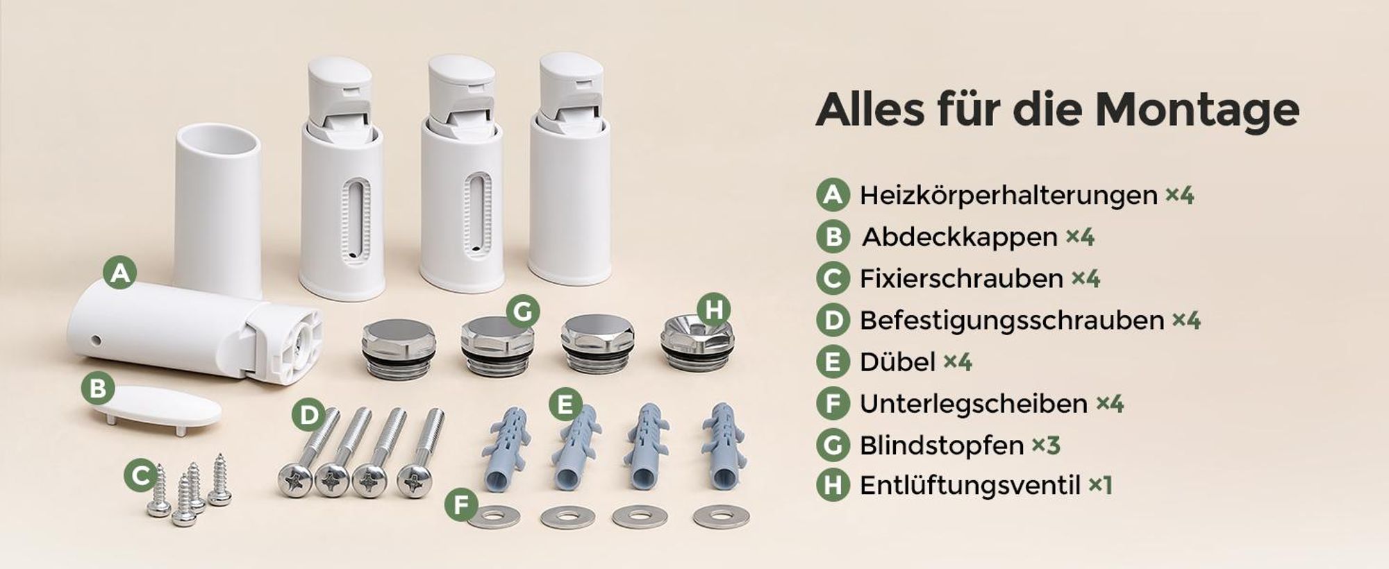 Heizkörperhalterung Wand, 4er-Set Weiß, für gerade Rundrohre Ø22–25 mm, Rohrmittenabstand 40–45 mm, 20mm Verstellbereich, bis 50 kg Gesamtlast,1 Stück